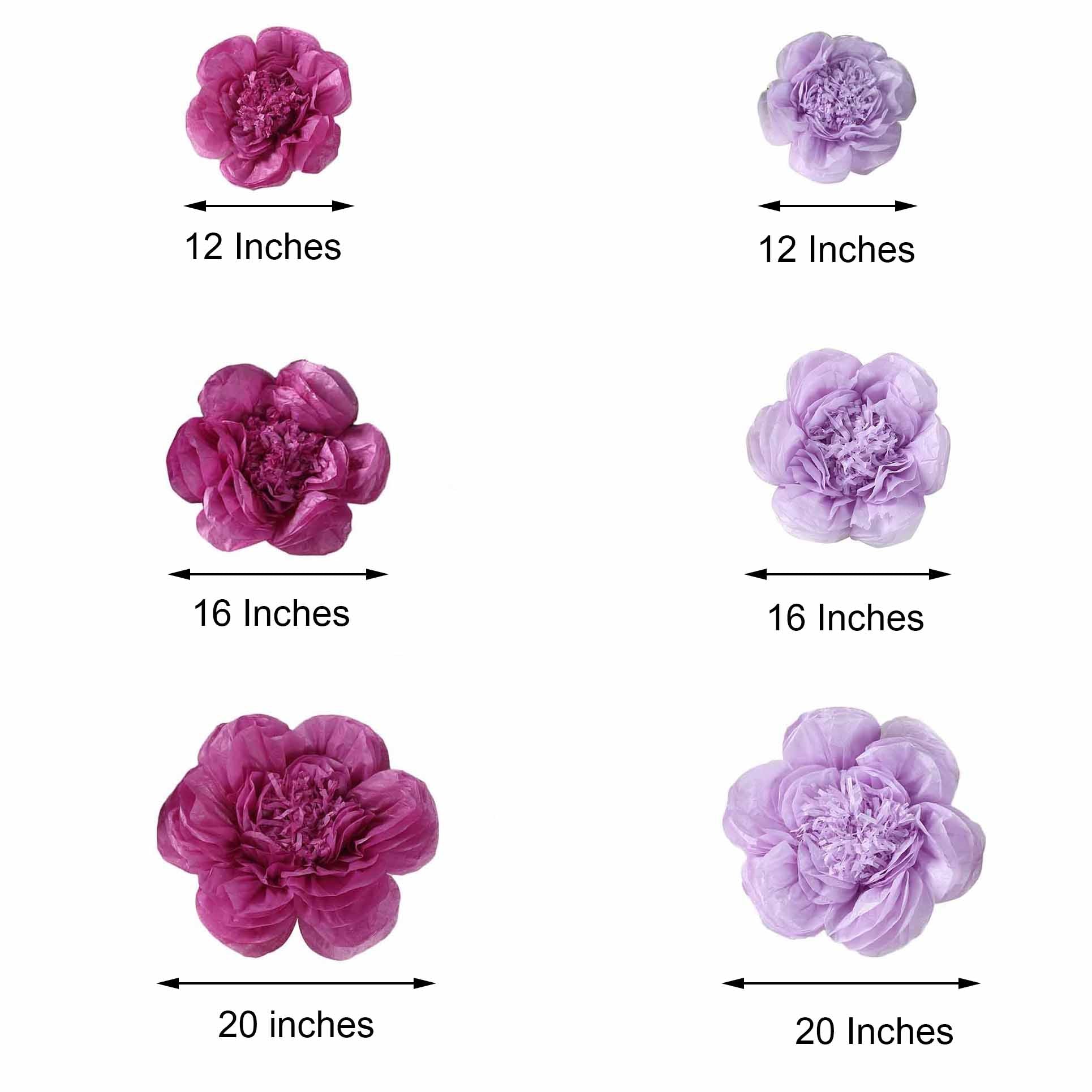 Lavender and lilac giant paper flowers in assorted sizes, 12" to 20".