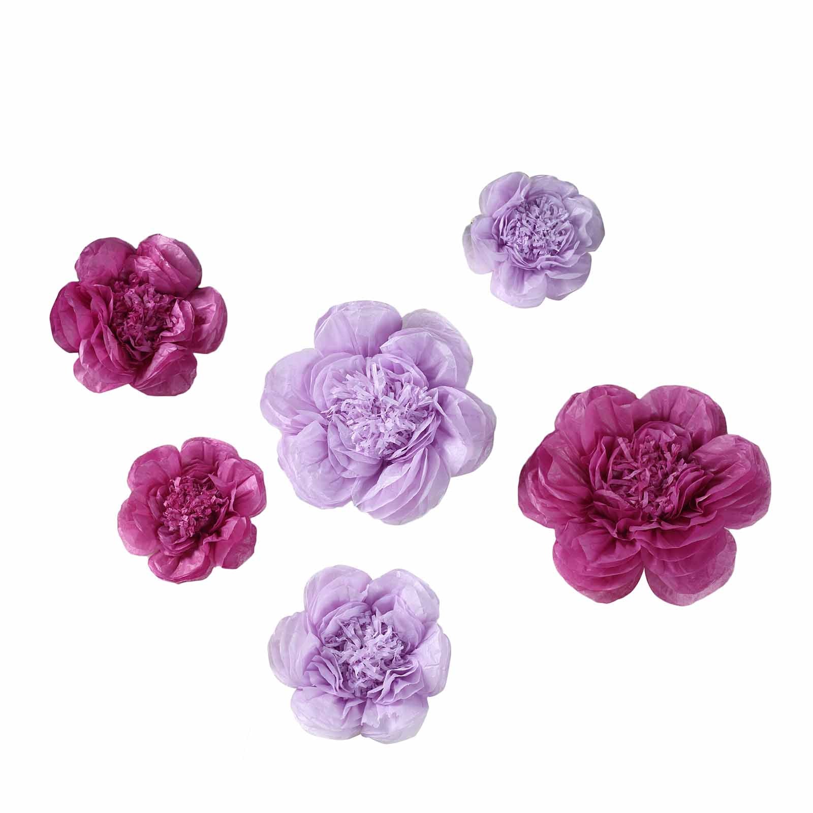 Lavender and lilac giant paper flowers in assorted sizes.