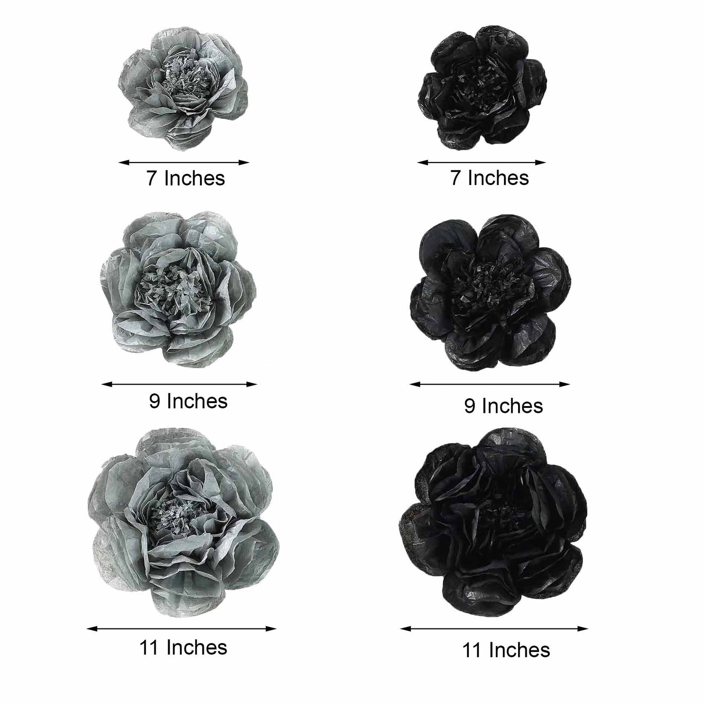 Pack of 6 black and charcoal gray peony paper artificial flowers in assorted sizes.