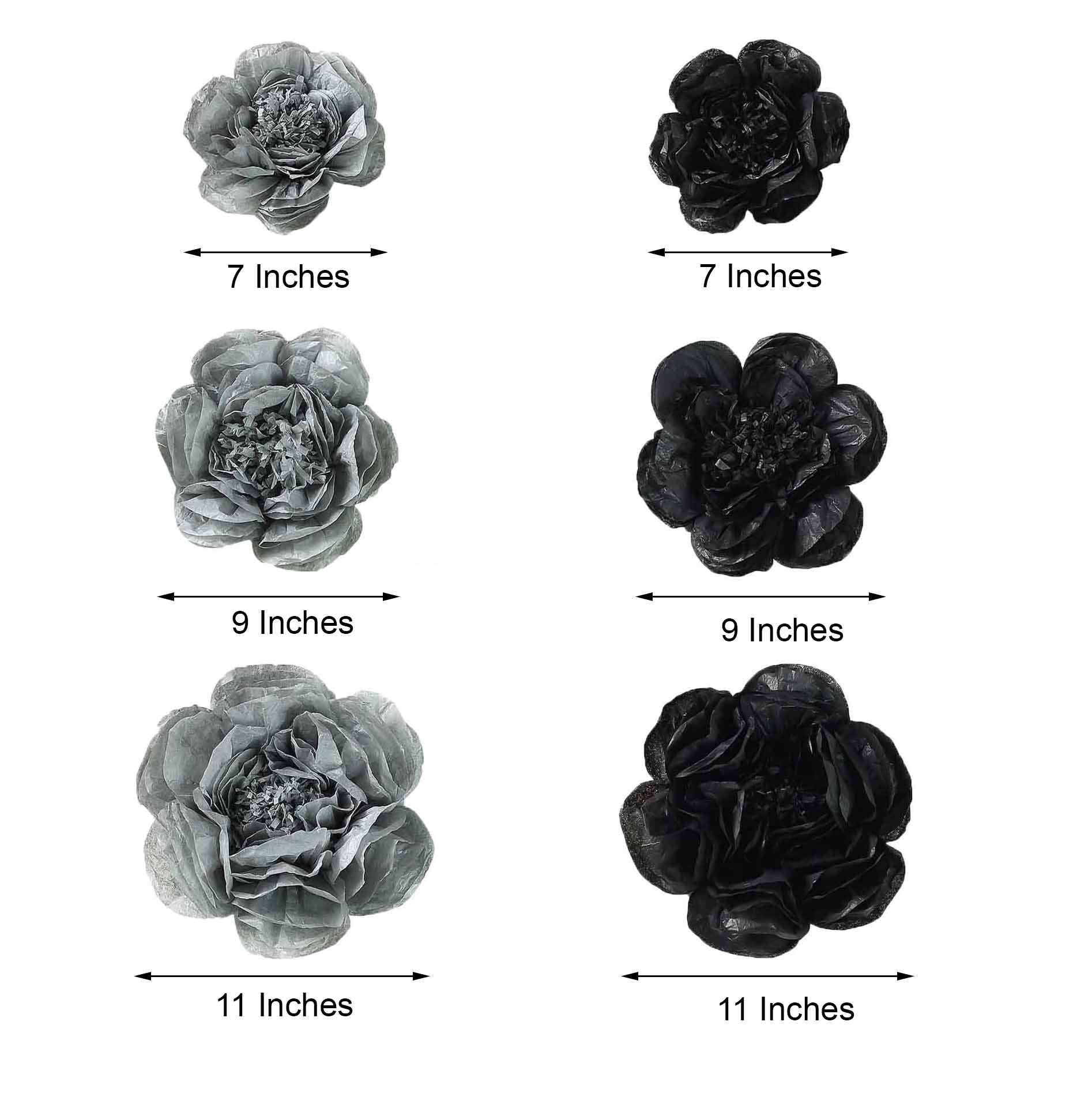 Pack of 6 black and charcoal gray peony paper artificial flowers in assorted sizes.