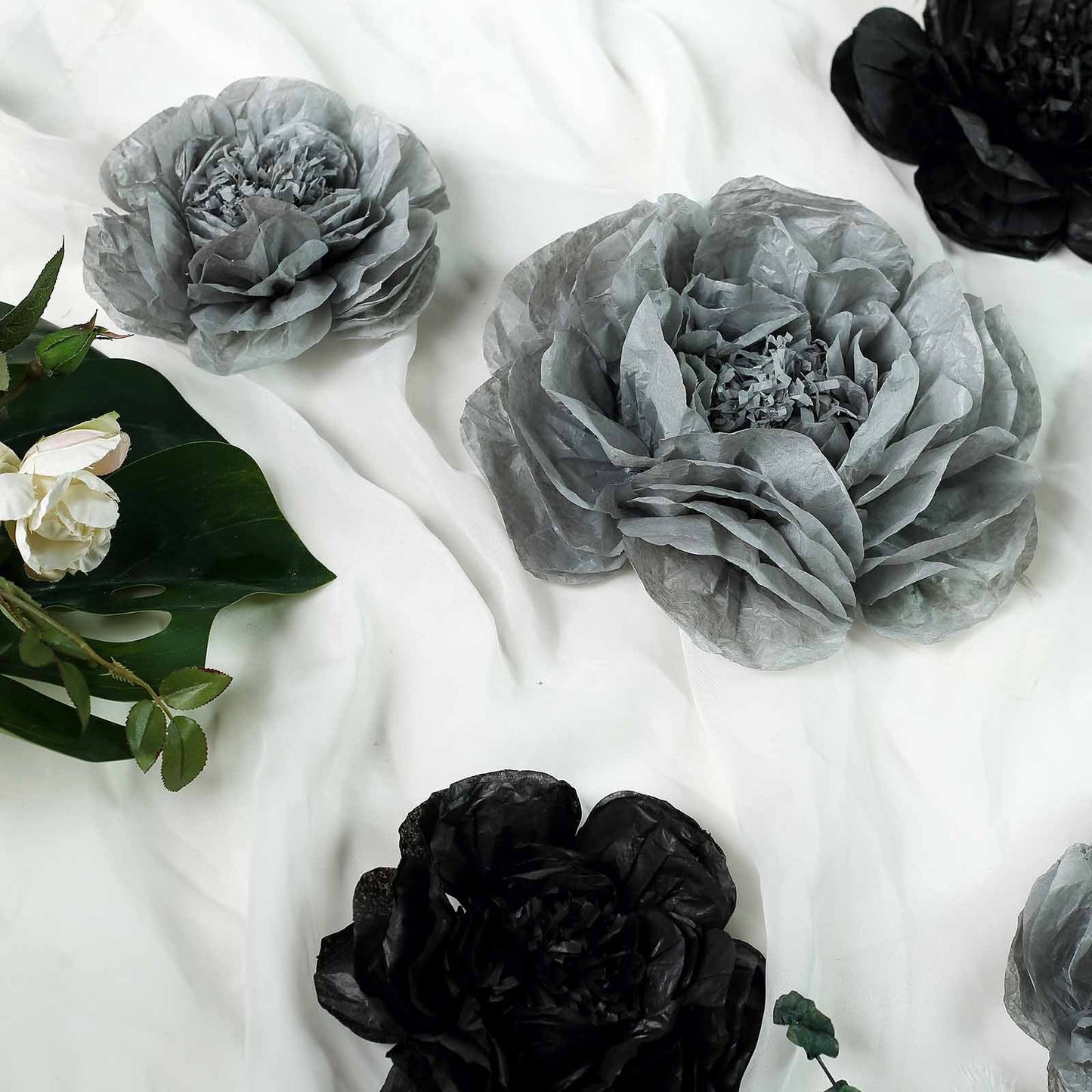 Pack of 6 black and charcoal gray peony paper artificial flowers. #whtbkgd
