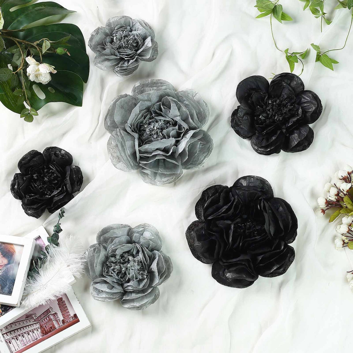Pack of 6 black and charcoal gray peony paper artificial flowers.