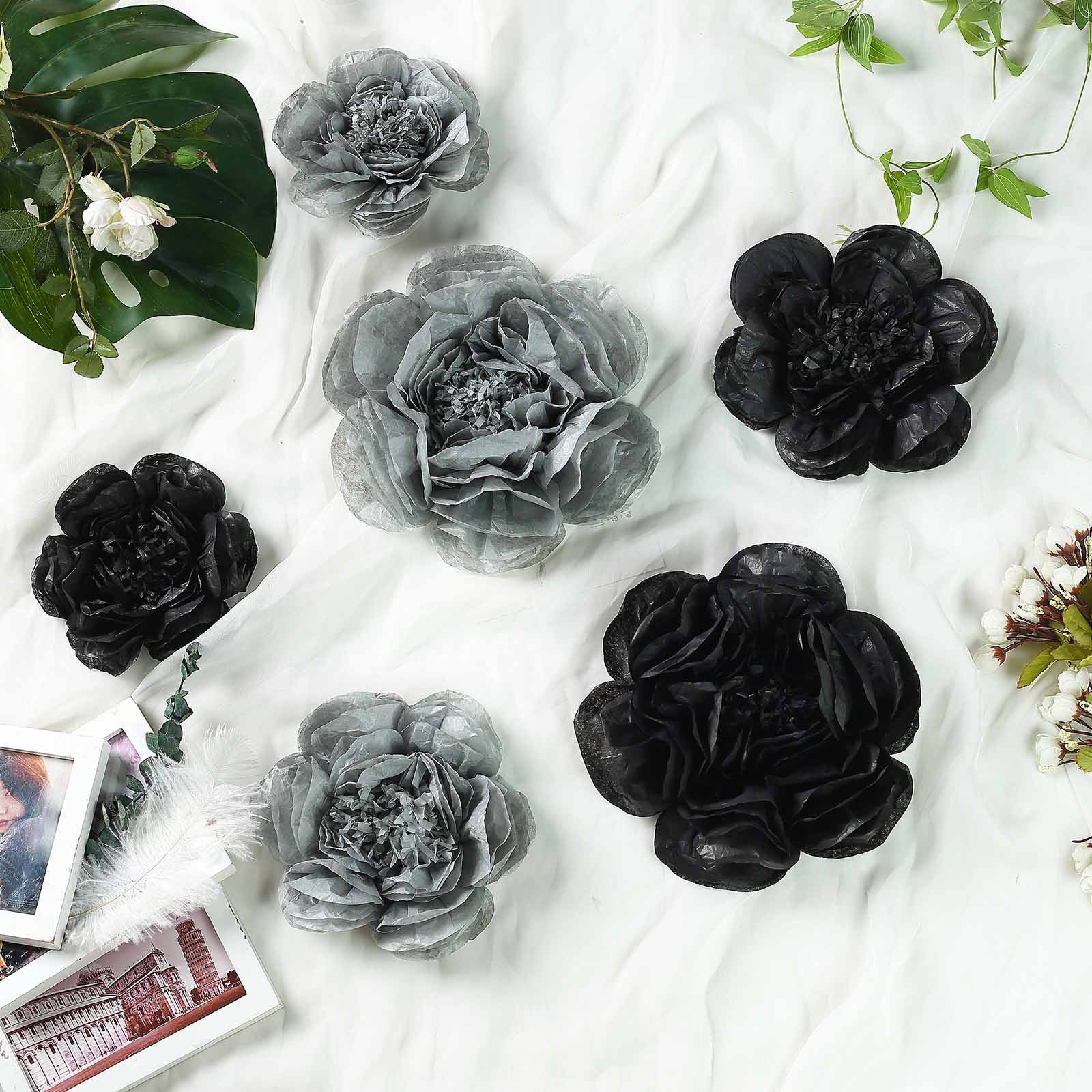 Pack of 6 black and charcoal gray peony paper artificial flowers.
