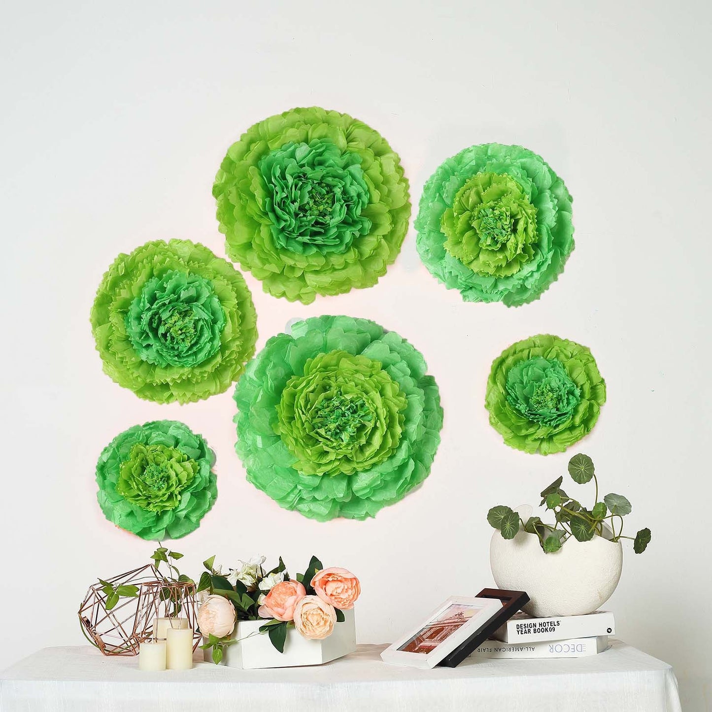 6 Multi Size Pack | Carnation Mint Green Dual Tone 3D Wall Flowers Giant Tissue Paper Flowers - 12",16",20"