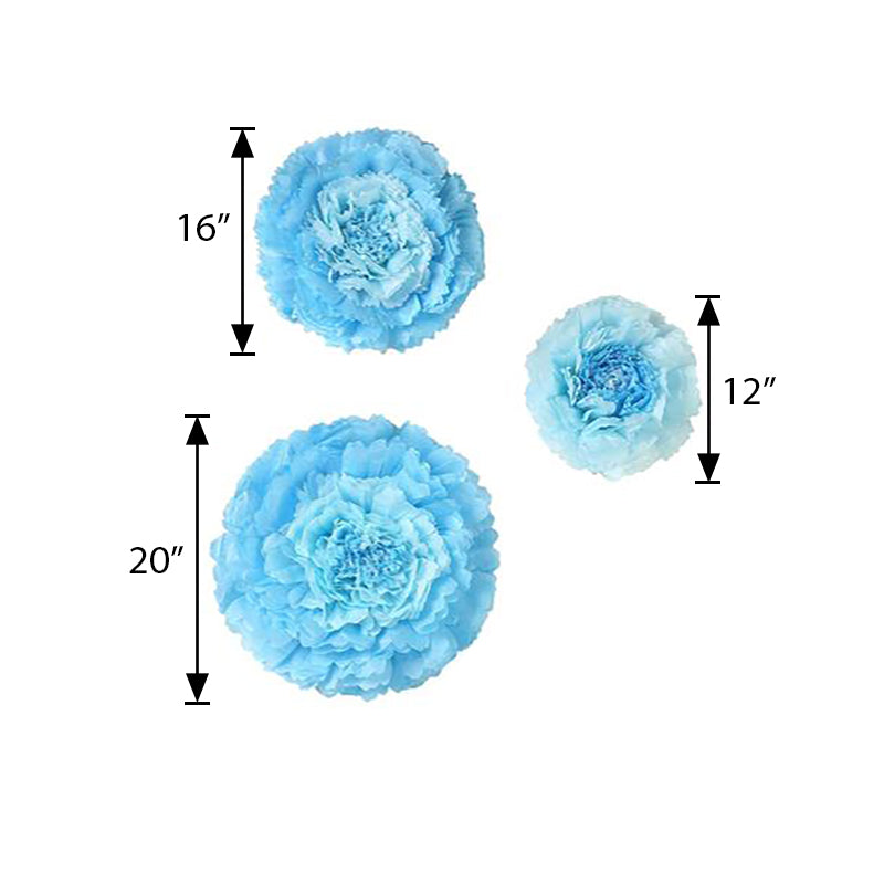 6 Multi Size Pack | Carnation Aqua Blue Dual Tone 3D Wall Flowers Giant Tissue Paper Flowers - 12",16",20"