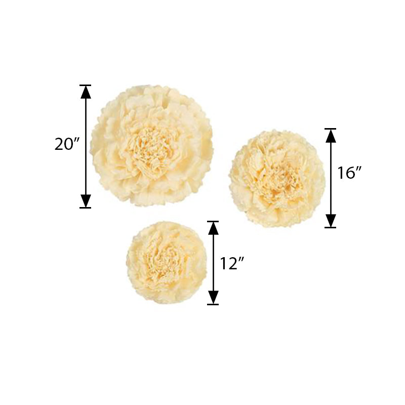 Carnation ivory 3D wall tissue paper flowers in three sizes: 12", 16", 20".