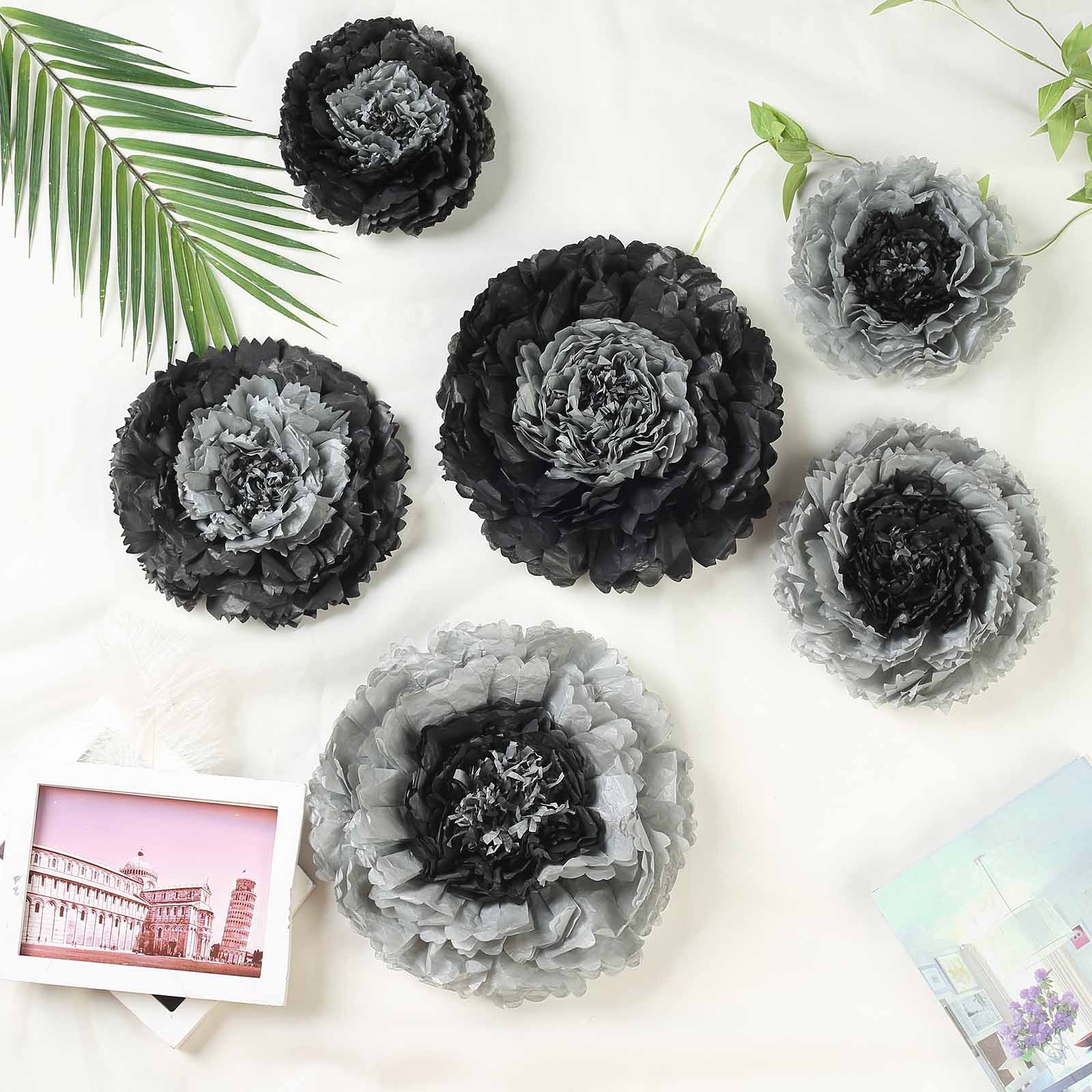 Pack of 6 charcoal gray multi-size 3D giant paper flowers for backdrops.