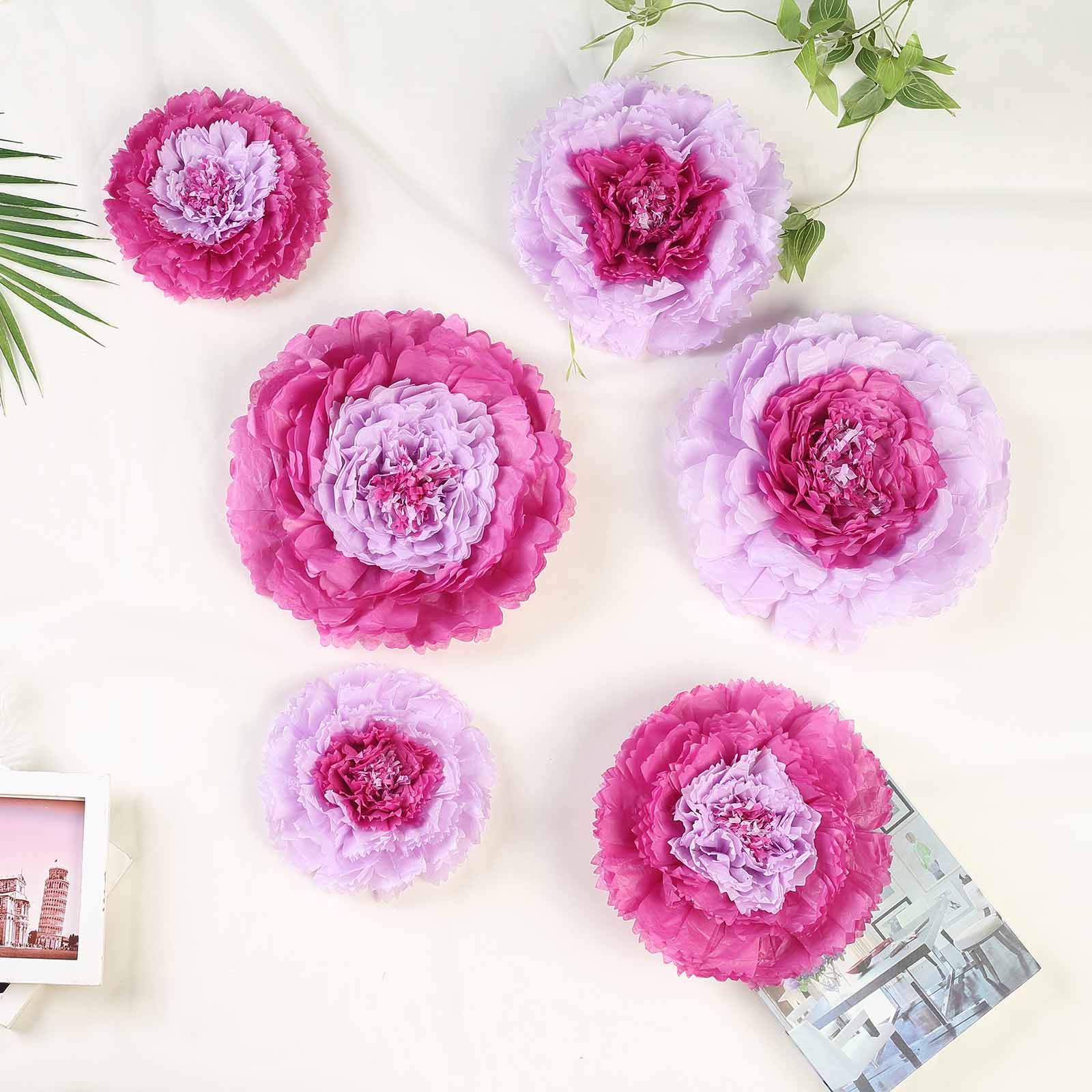 Lavender lilac 3D giant paper flowers in multiple sizes for wedding backdrops.