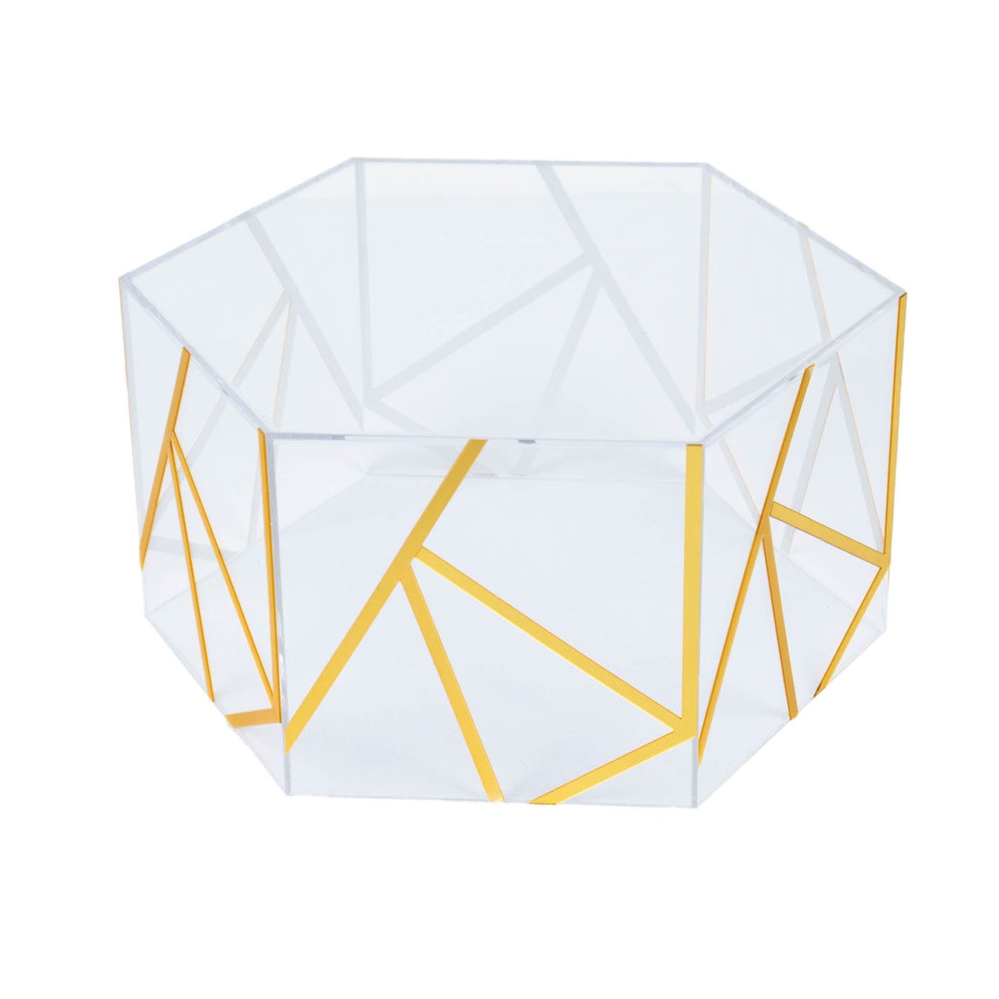 Clear and gold acrylic hexagonal cake box stand with hollow bottom.