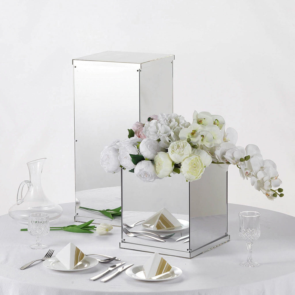 12" Silver Mirror Finish Acrylic Pedestal Risers - Display Boxes with Interchangeable Lid and Base