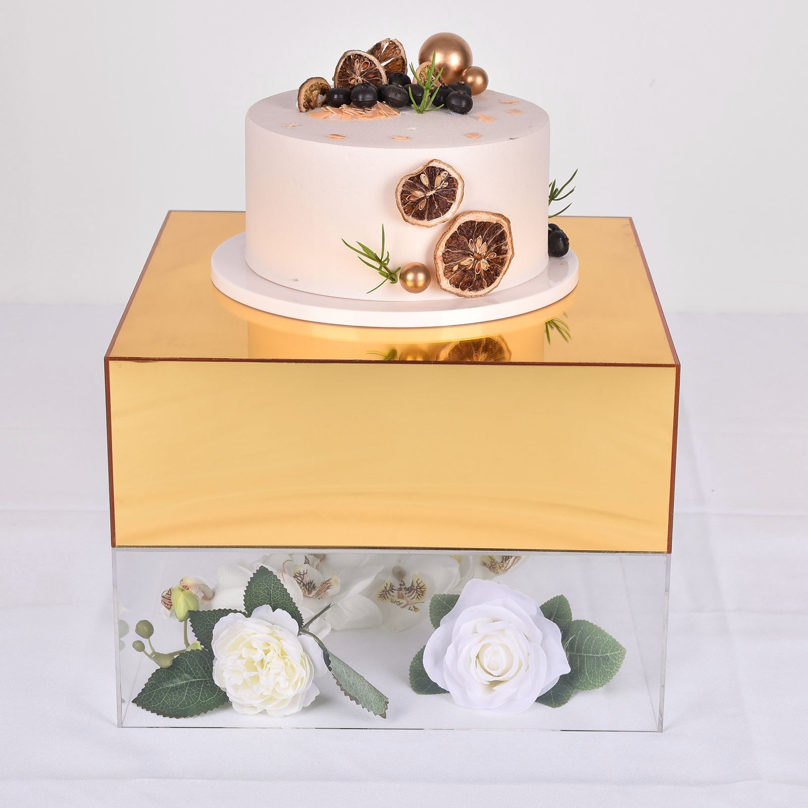 Gold Acrylic 14 Inch x 14 Inch Pedestal Riser Mirror Finish Cake Stand Display Box with Hollow Bottom 