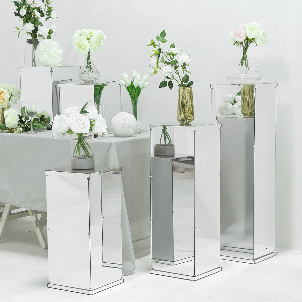 40" Floor Standing Silver Mirror Finish Acrylic Pedestal Risers - Display Boxes with Interchangeable Lid and Base