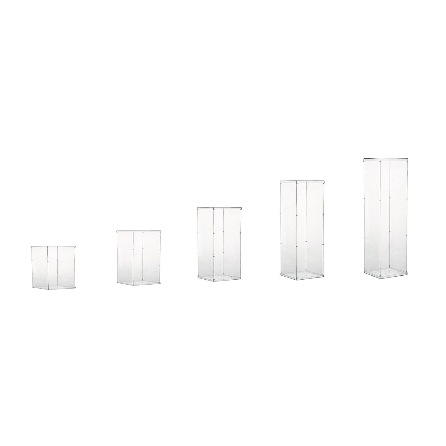 Clear acrylic pedestal risers set of 5, transparent display boxes in various heights.