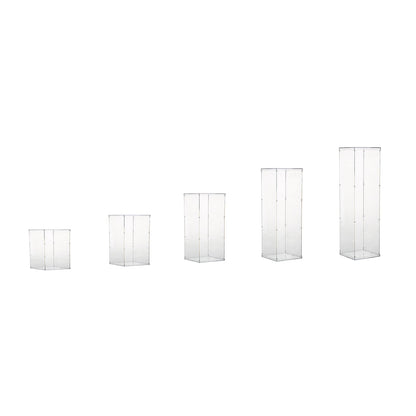 Clear acrylic pedestal risers set of 5, transparent display boxes in various heights.