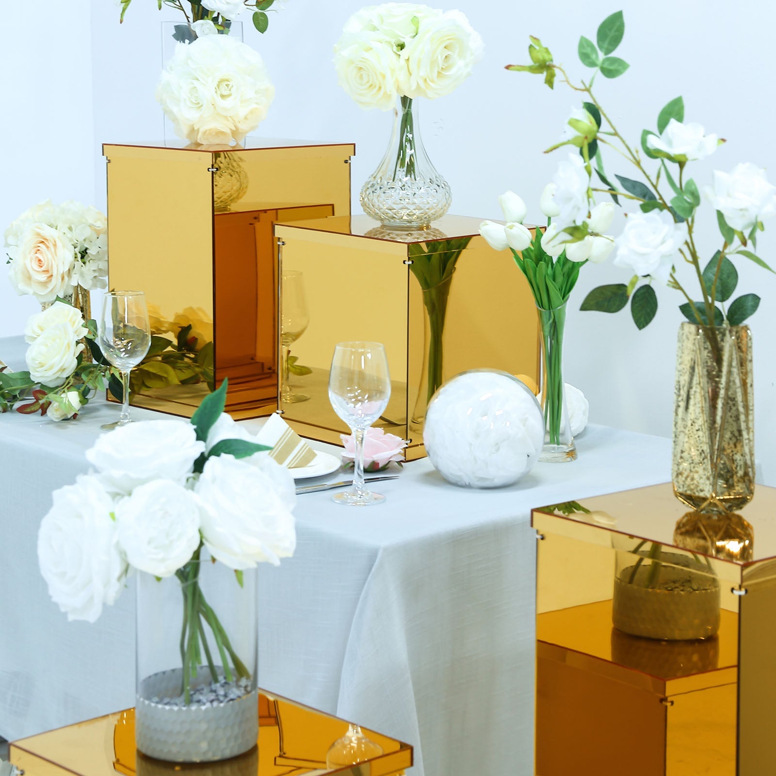 5 Set Gold Acrylic Mirror Pedestal Display Risers With Interchangeable Lid & Base 12 Inch 16 Inch 24 Inch 32 Inch 40 Inch