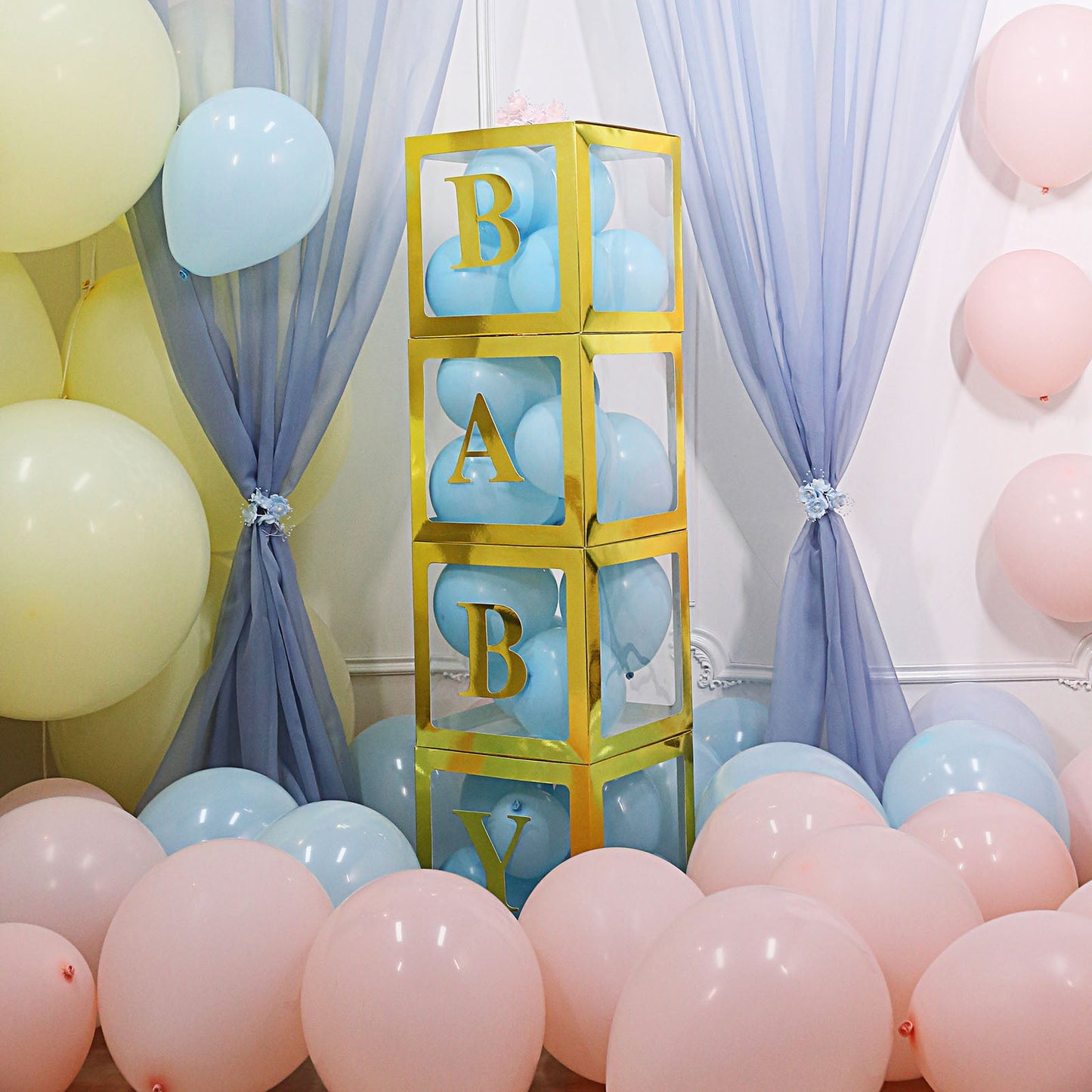 2pcs Transparent DIY Balloon Boxes, Baby Shower Party Decoration Boxes Metallic Gold