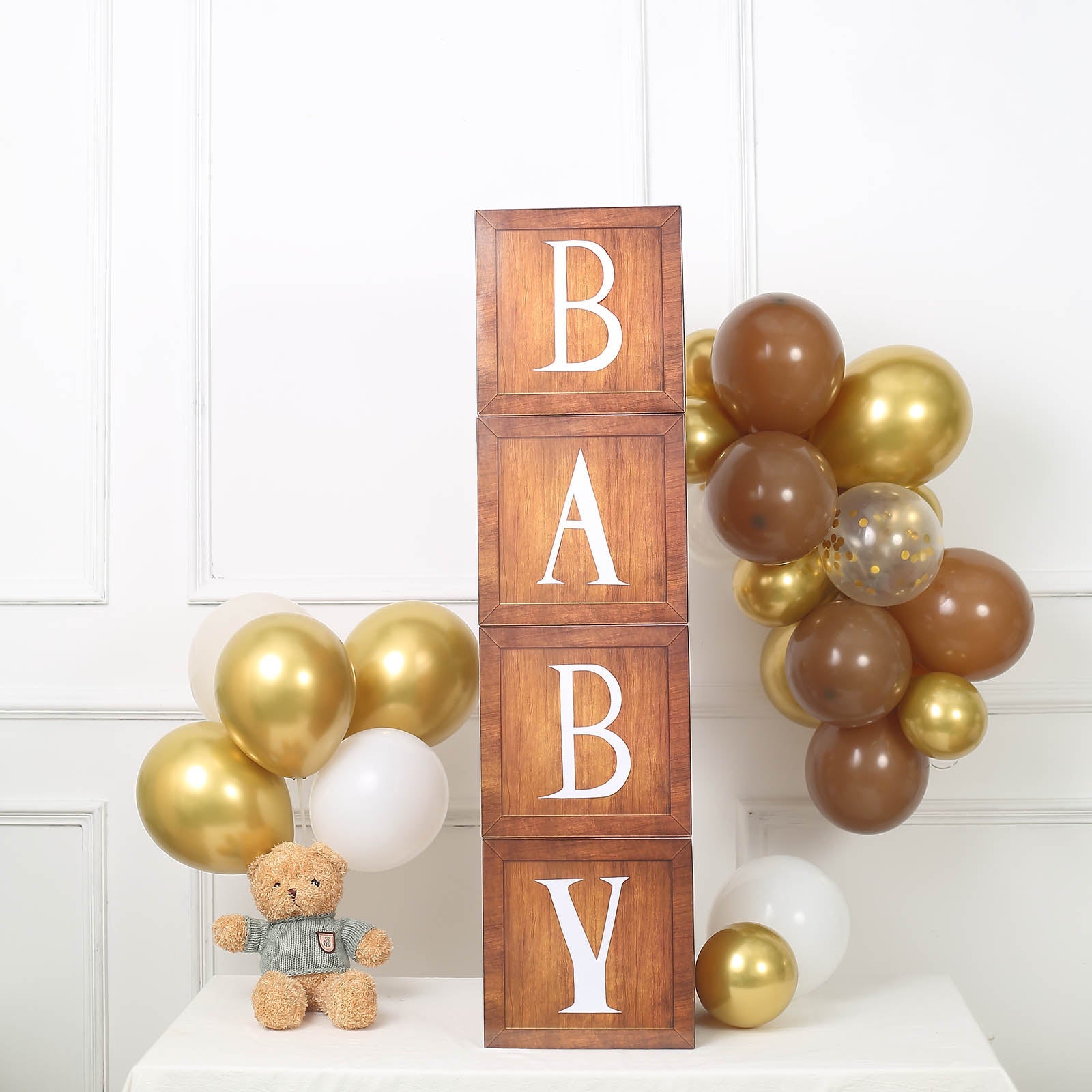 Wood grain brown DIY balloon boxes for baby shower decorations.