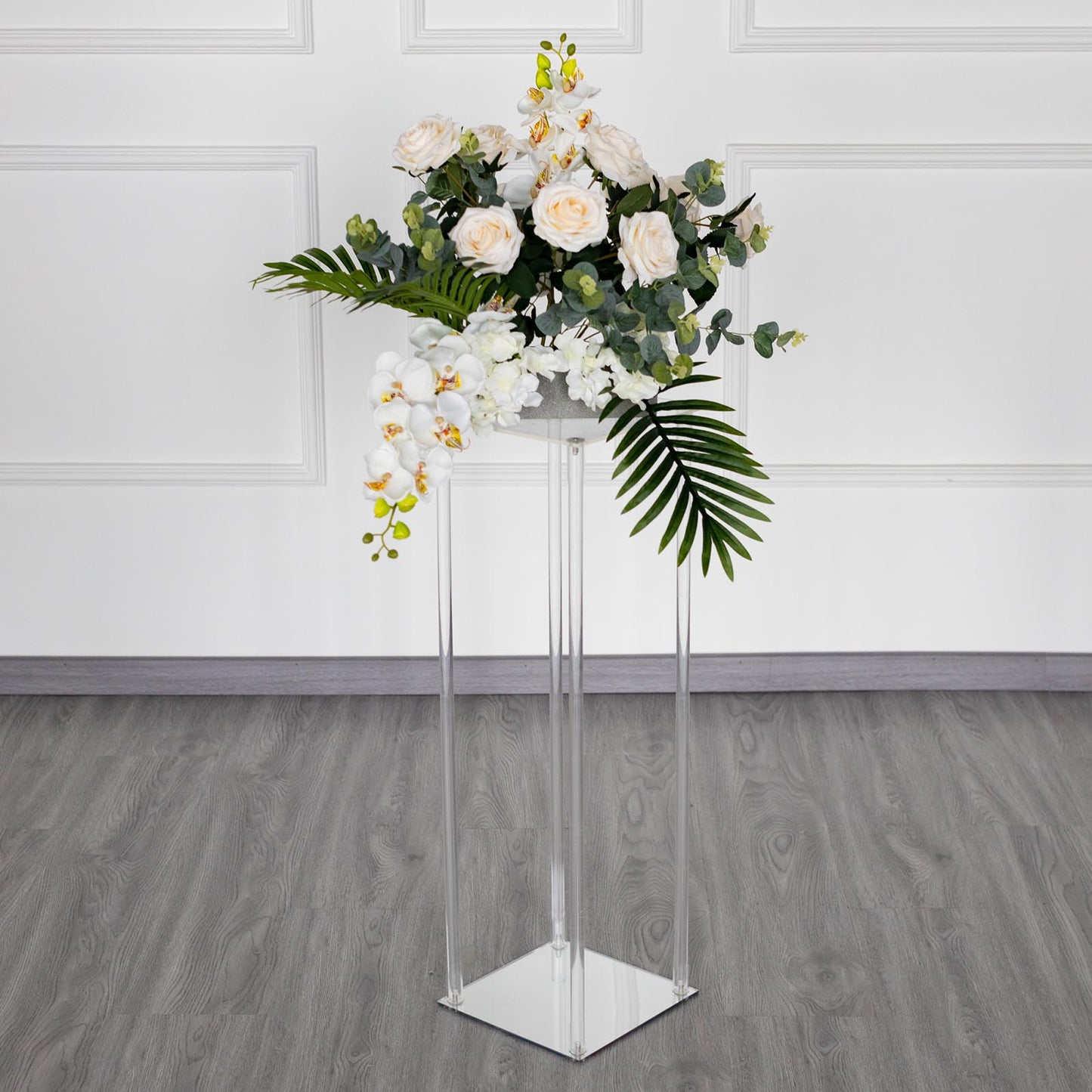 32" Clear Acrylic Floor Vase Flower Stand With Mirror Base, Wedding Column