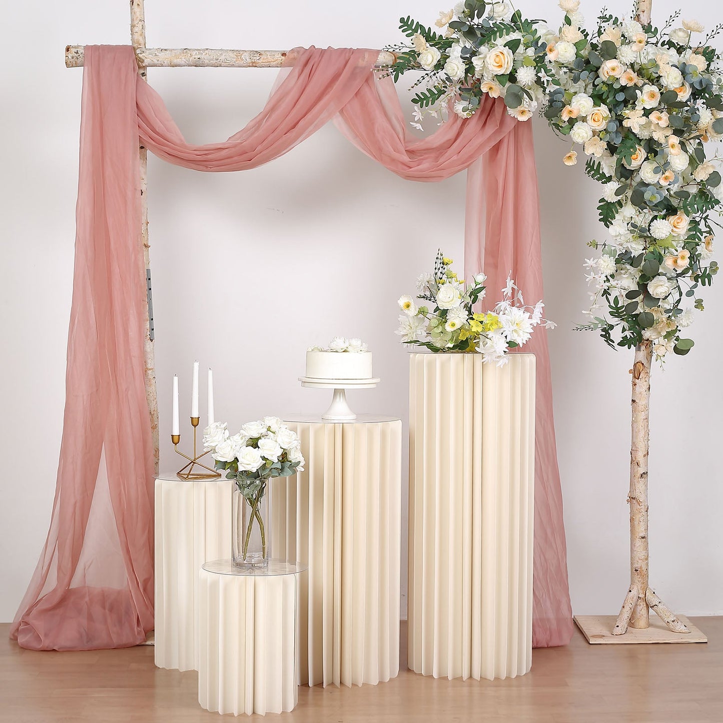 Ivory cylinder display column stand with top plate for event decor.