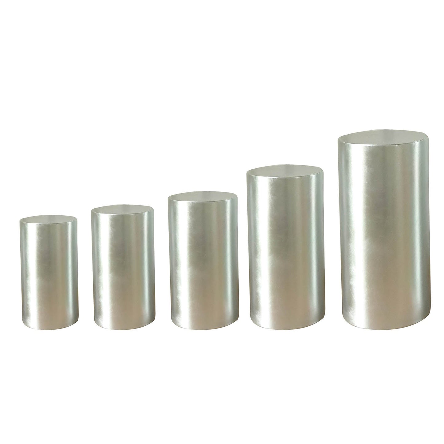 Metallic silver spandex pedestal stand covers, shiny and stretchable.