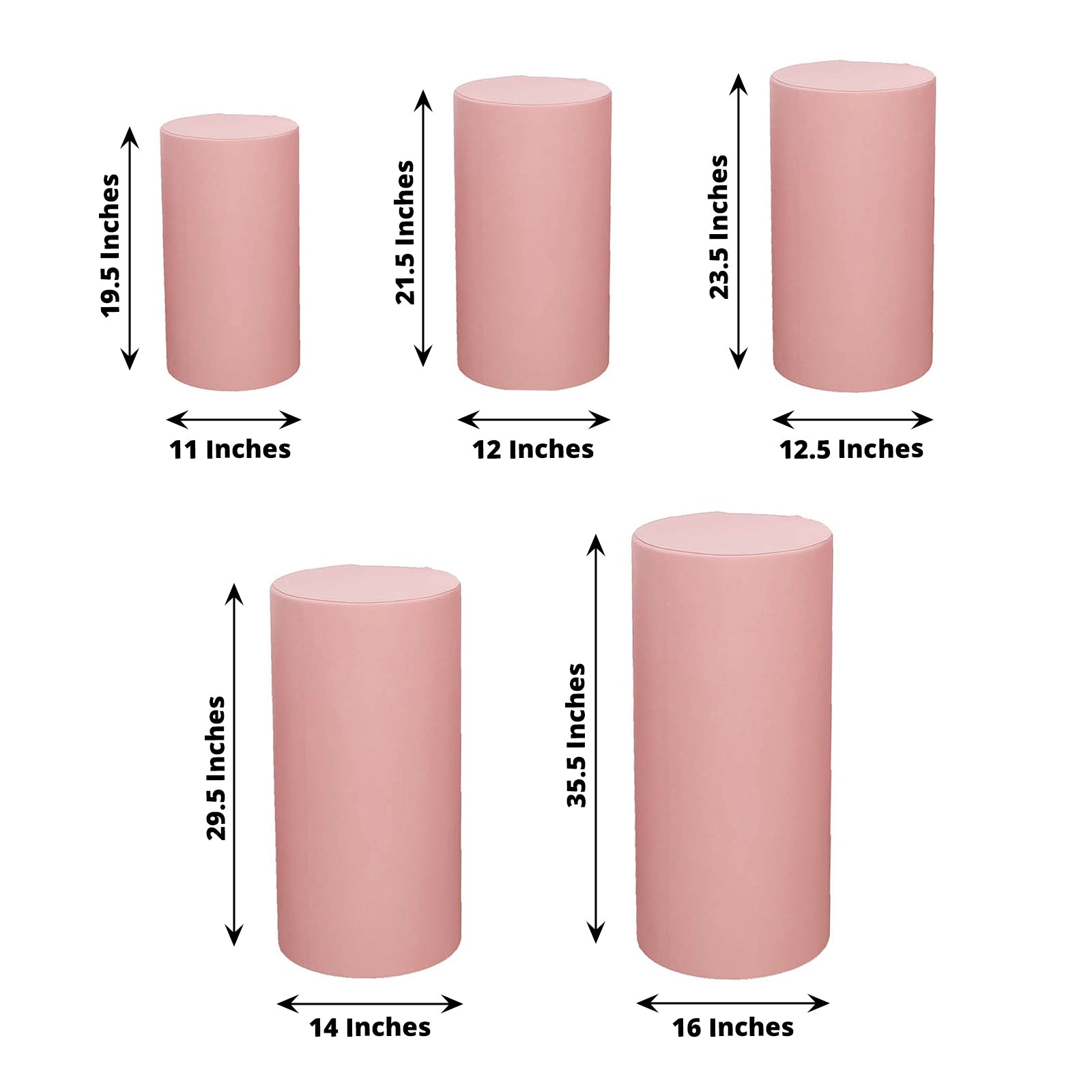 Dusty rose spandex pedestal stand covers in various sizes.