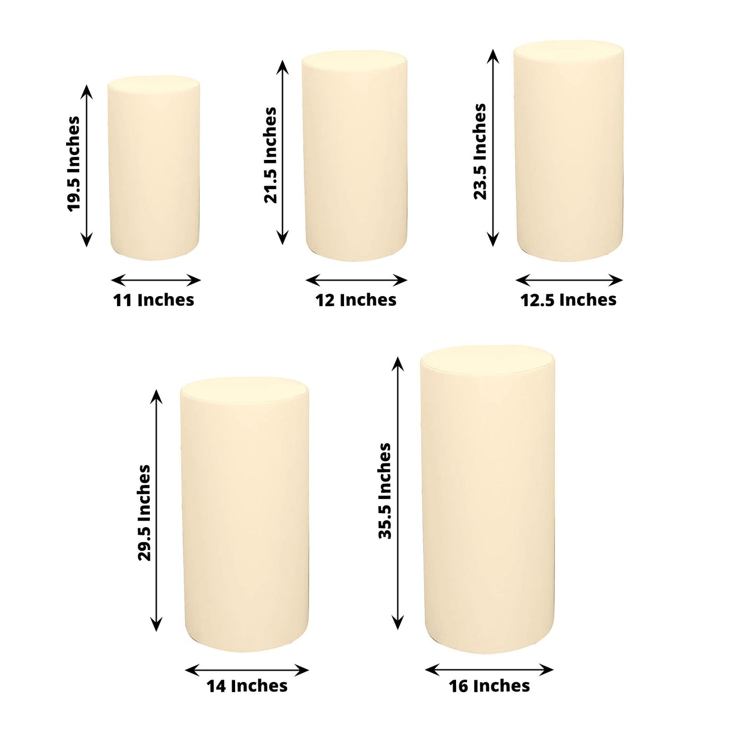 Beige spandex pedestal stand covers, set of 5, stretchable and stylish.