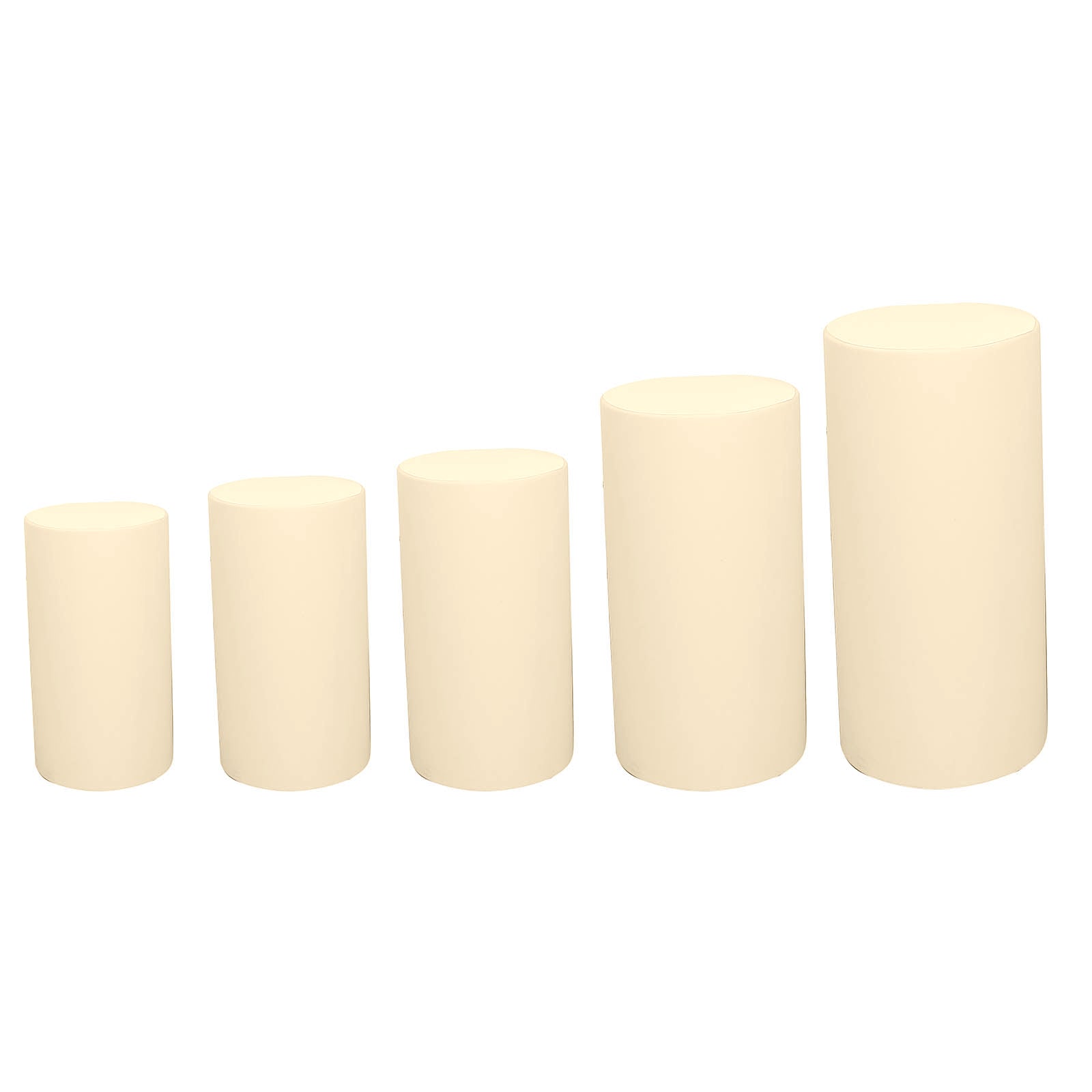 Beige spandex pedestal stand covers set of 5 for events and displays.