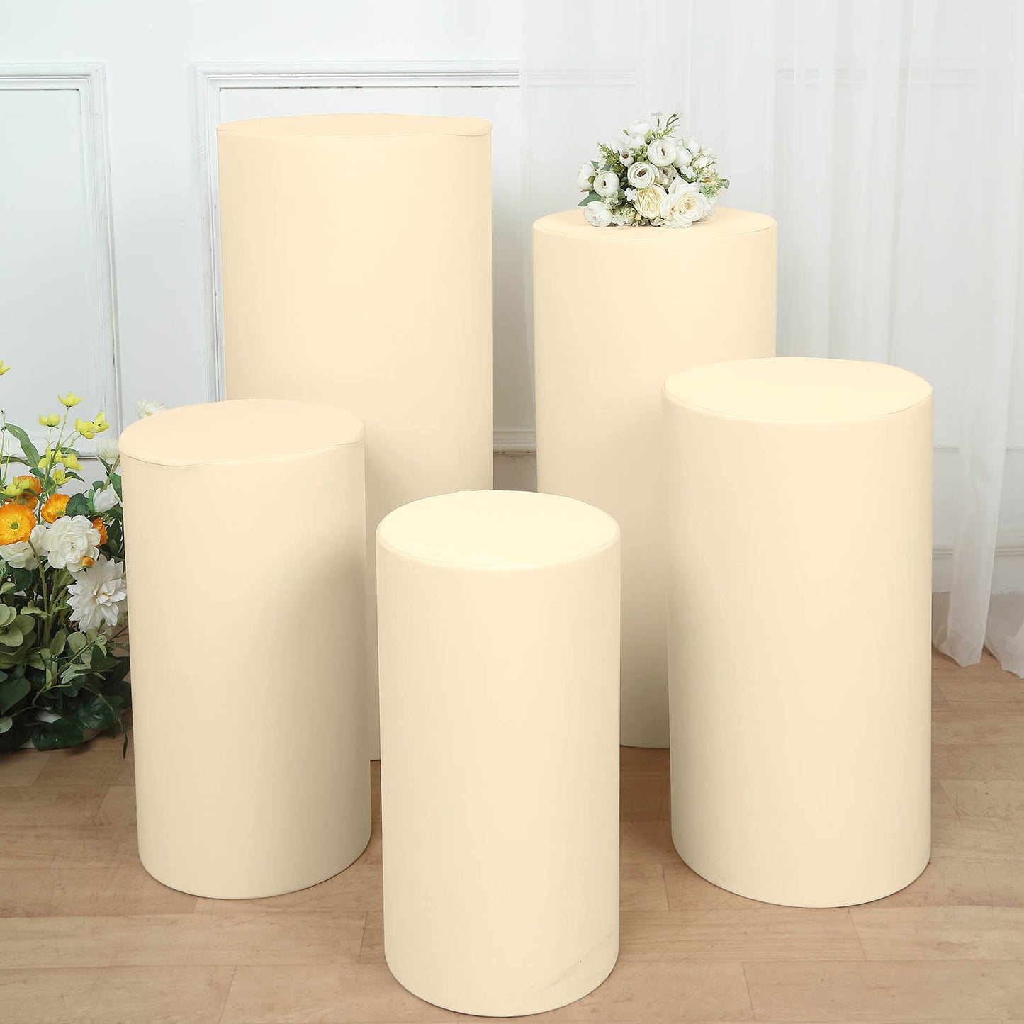 Beige spandex pedestal stand covers set of 5, stretchable and stylish.