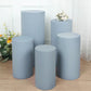 Dusty blue spandex pedestal stand covers, set of 5, for event display.