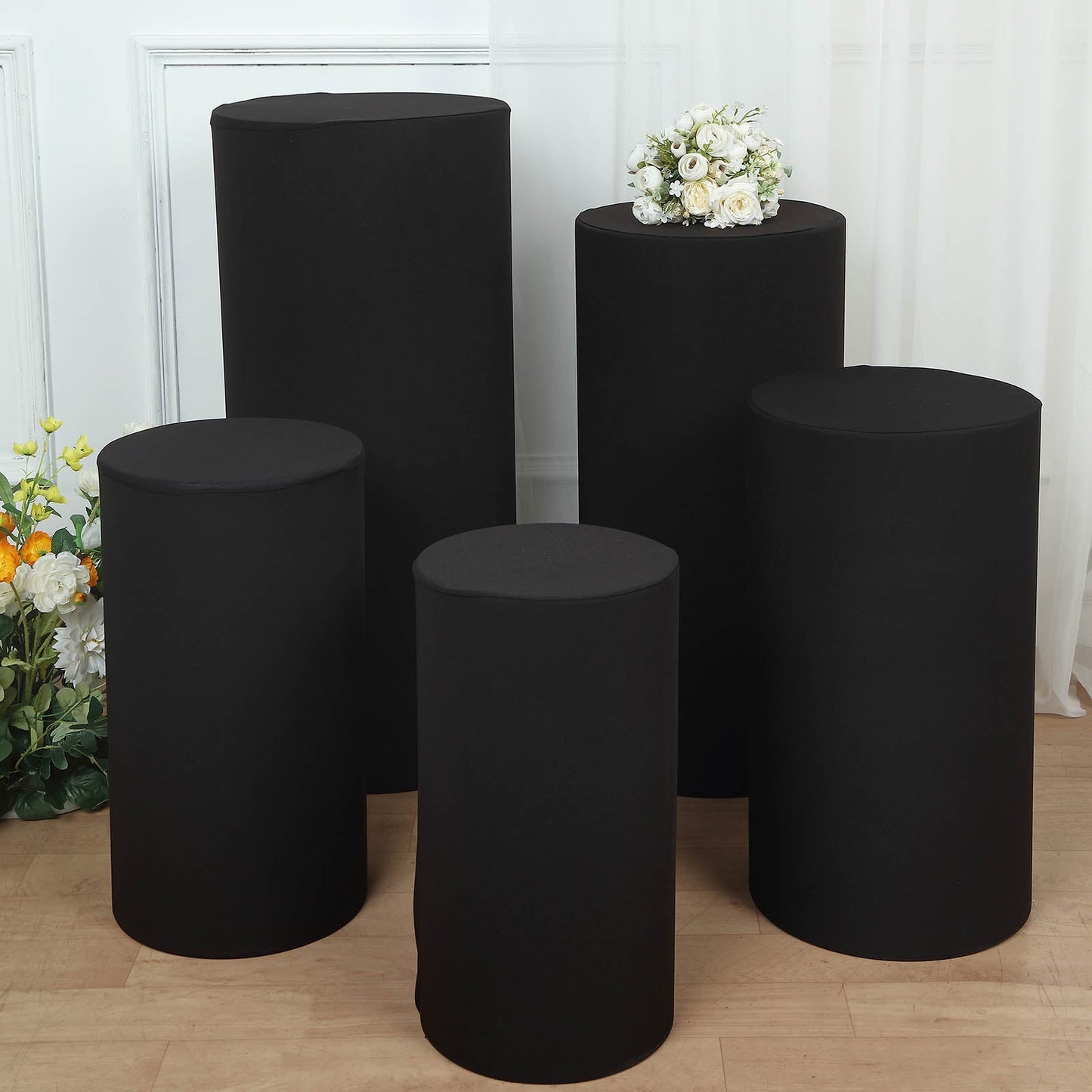 Black spandex pedestal stand covers set of 5, stretchable and sleek.