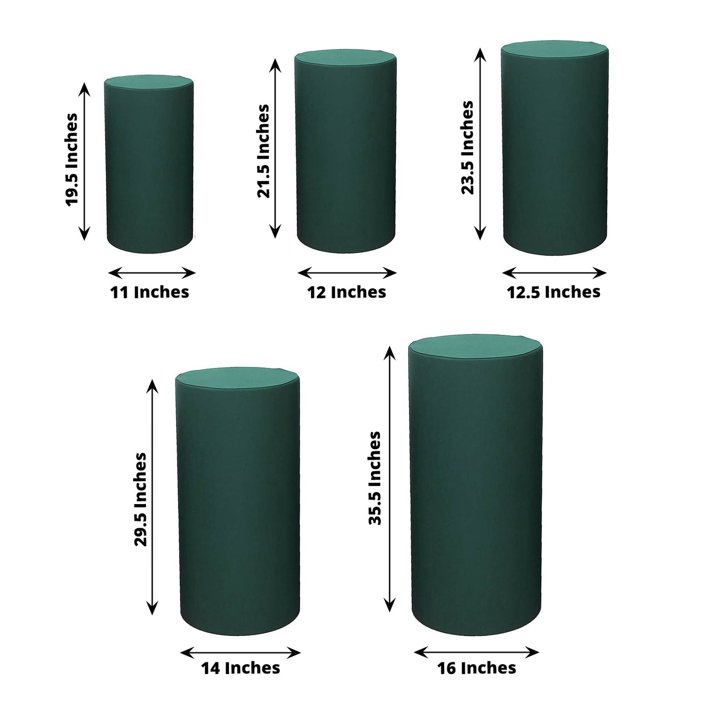 Emerald green spandex pedestal stand covers, set of 5, various sizes.