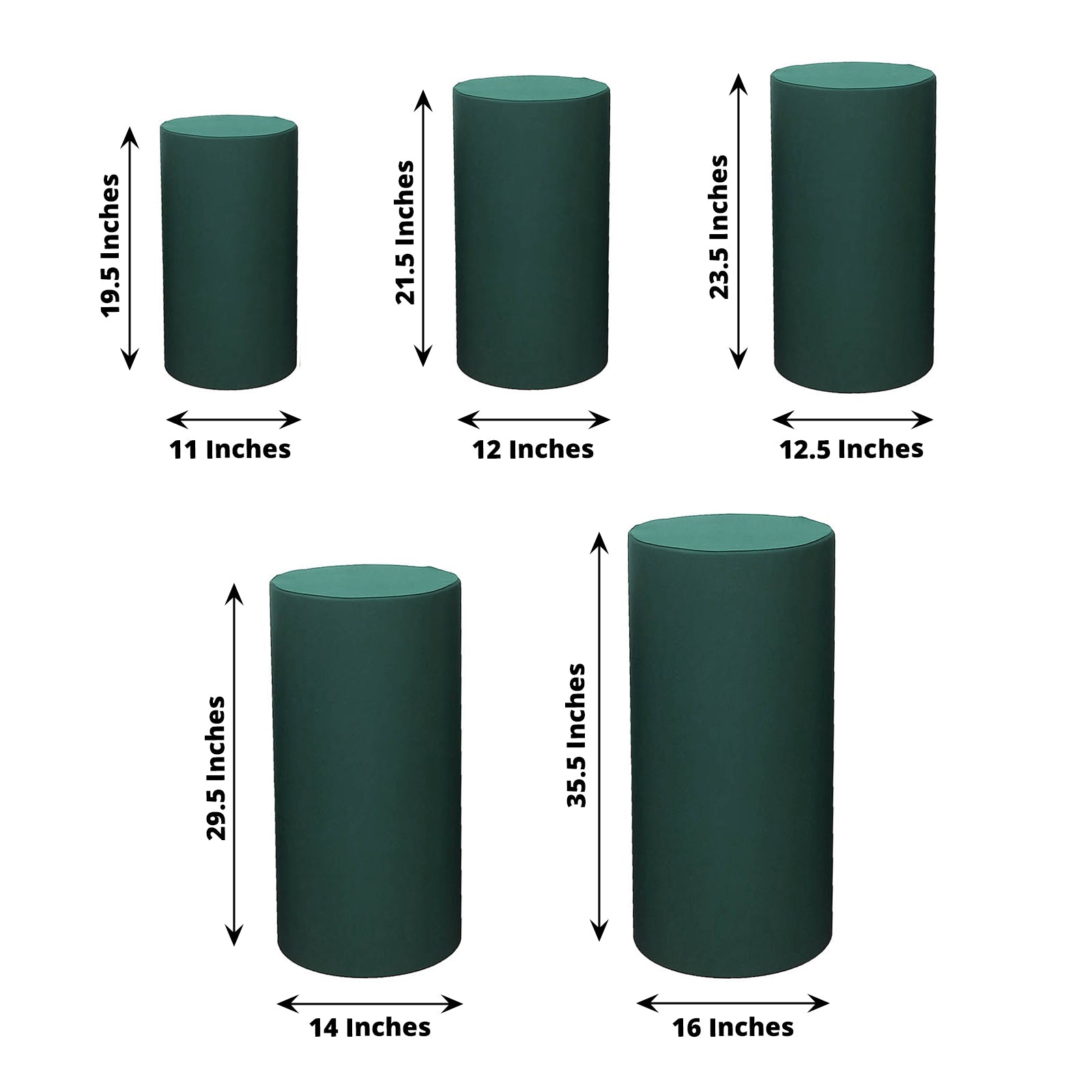Emerald green spandex pedestal stand covers, set of 5, various sizes.