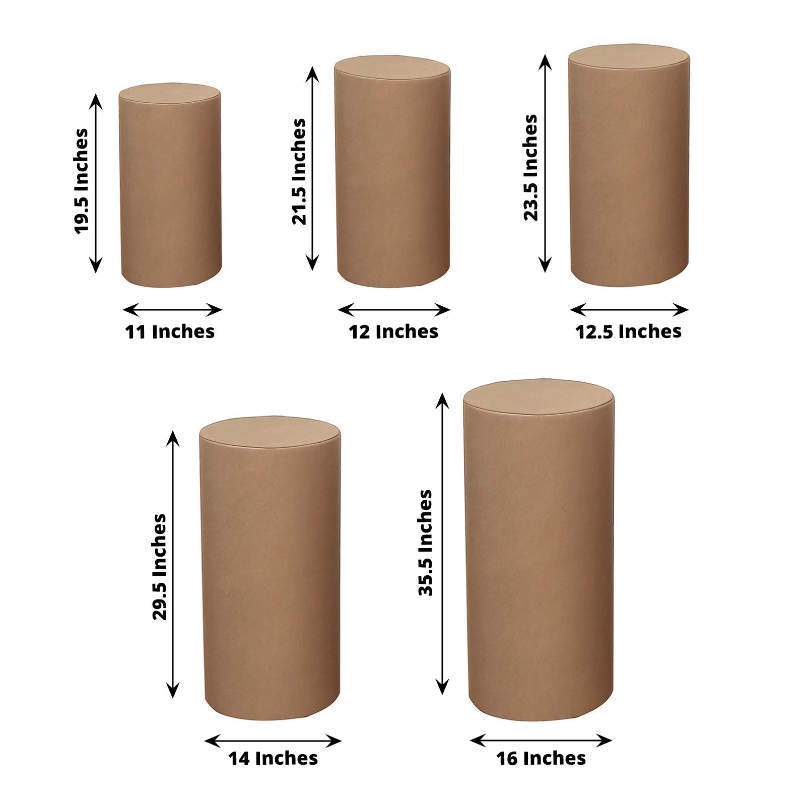 Set of 5 taupe spandex pedestal stand covers in various sizes.