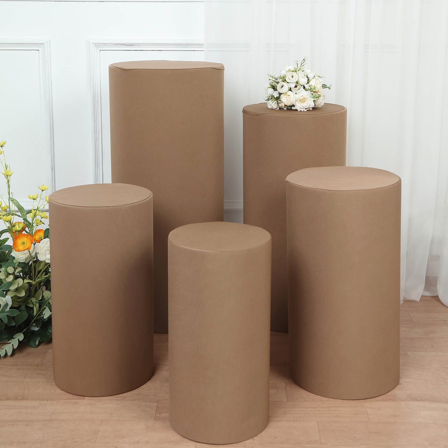 Taupe spandex pedestal stand covers, set of 5, stretchable and stylish.