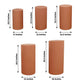 Set of 5 rust spandex pedestal stand covers for decorative use.
