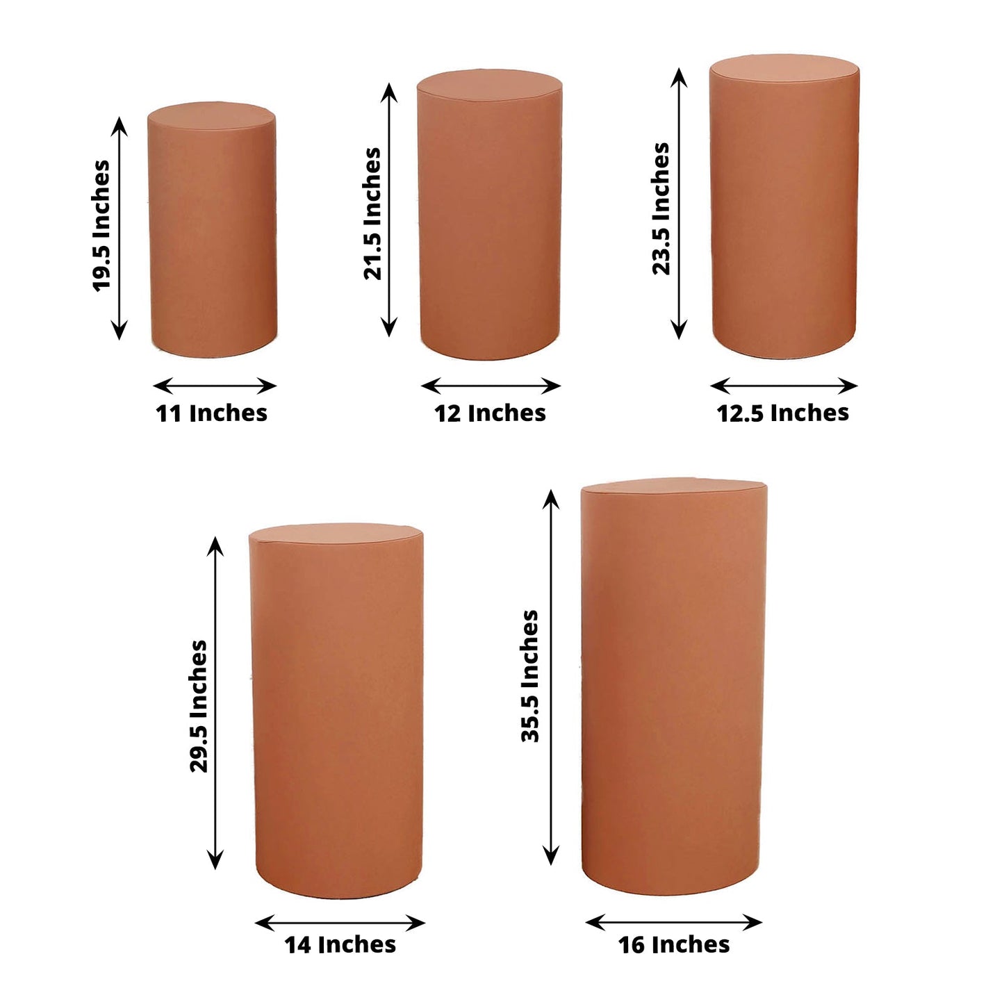 Set of 5 rust spandex pedestal stand covers for decorative use.