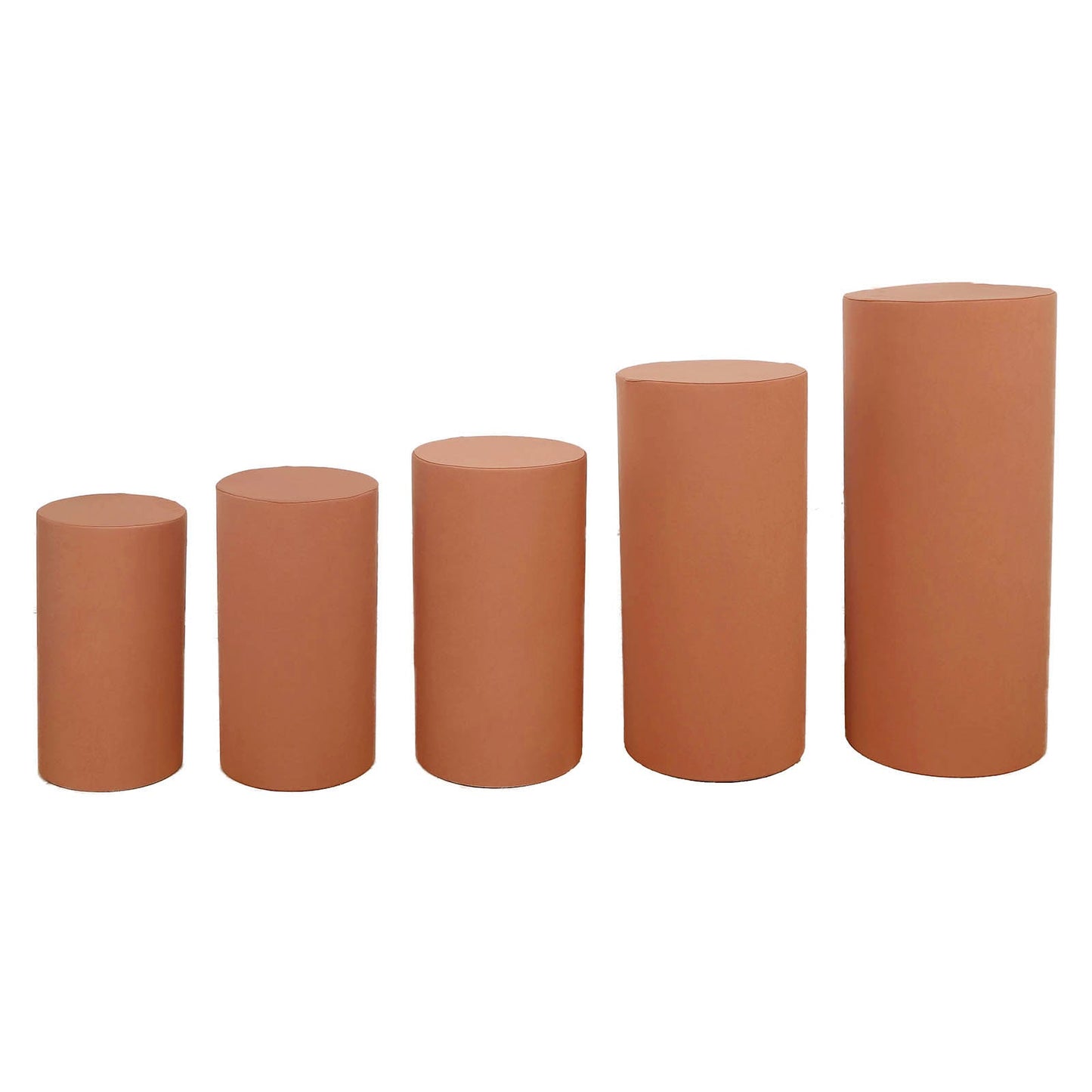 Set of 5 rust spandex cylinder pedestal stand covers.