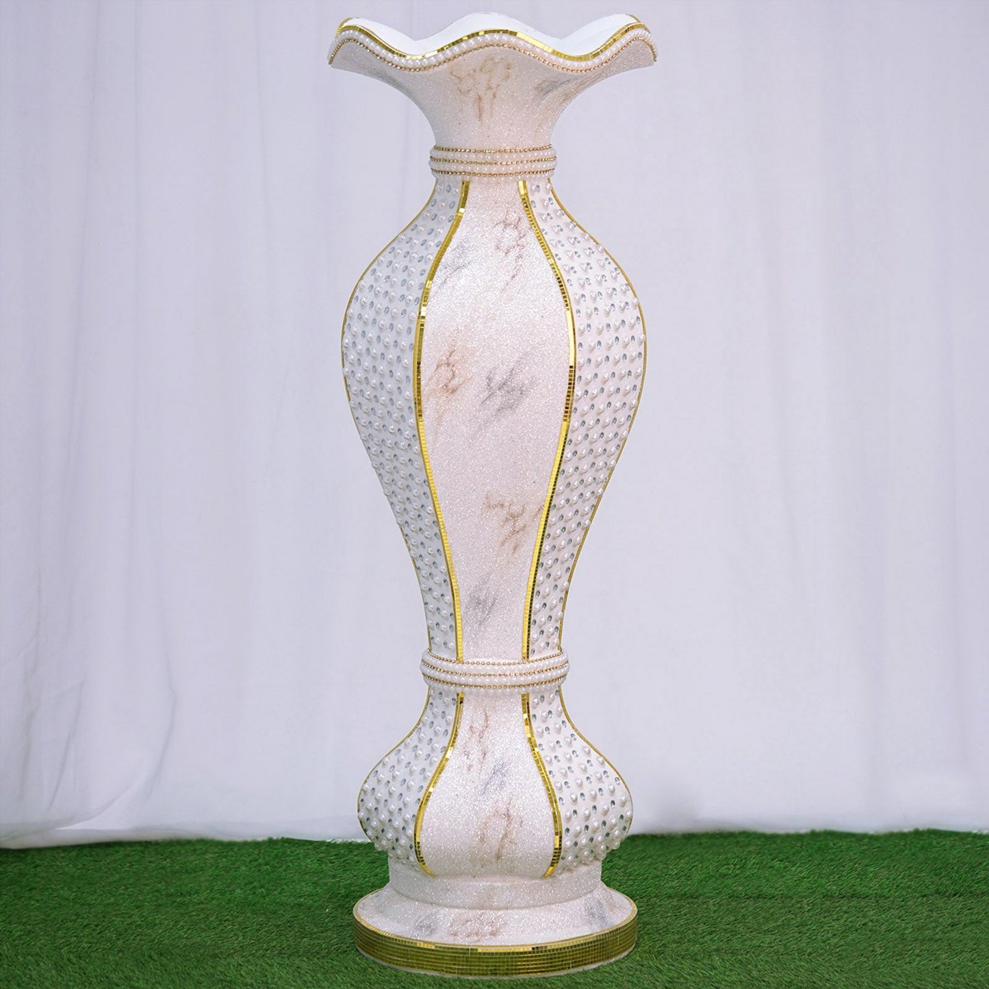 Gold glittered marble flower pot vase embellished with pearls and mirror mosaic.