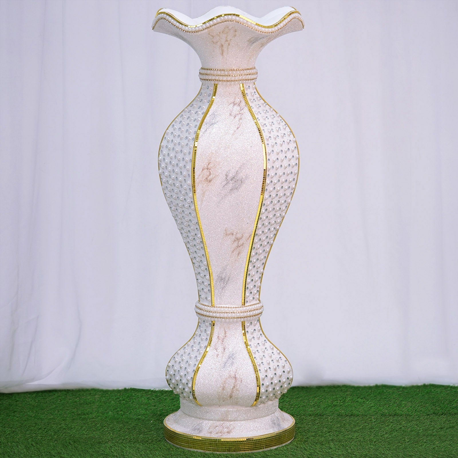 Gold glittered marble flower pot vase embellished with pearls and mirror mosaic.