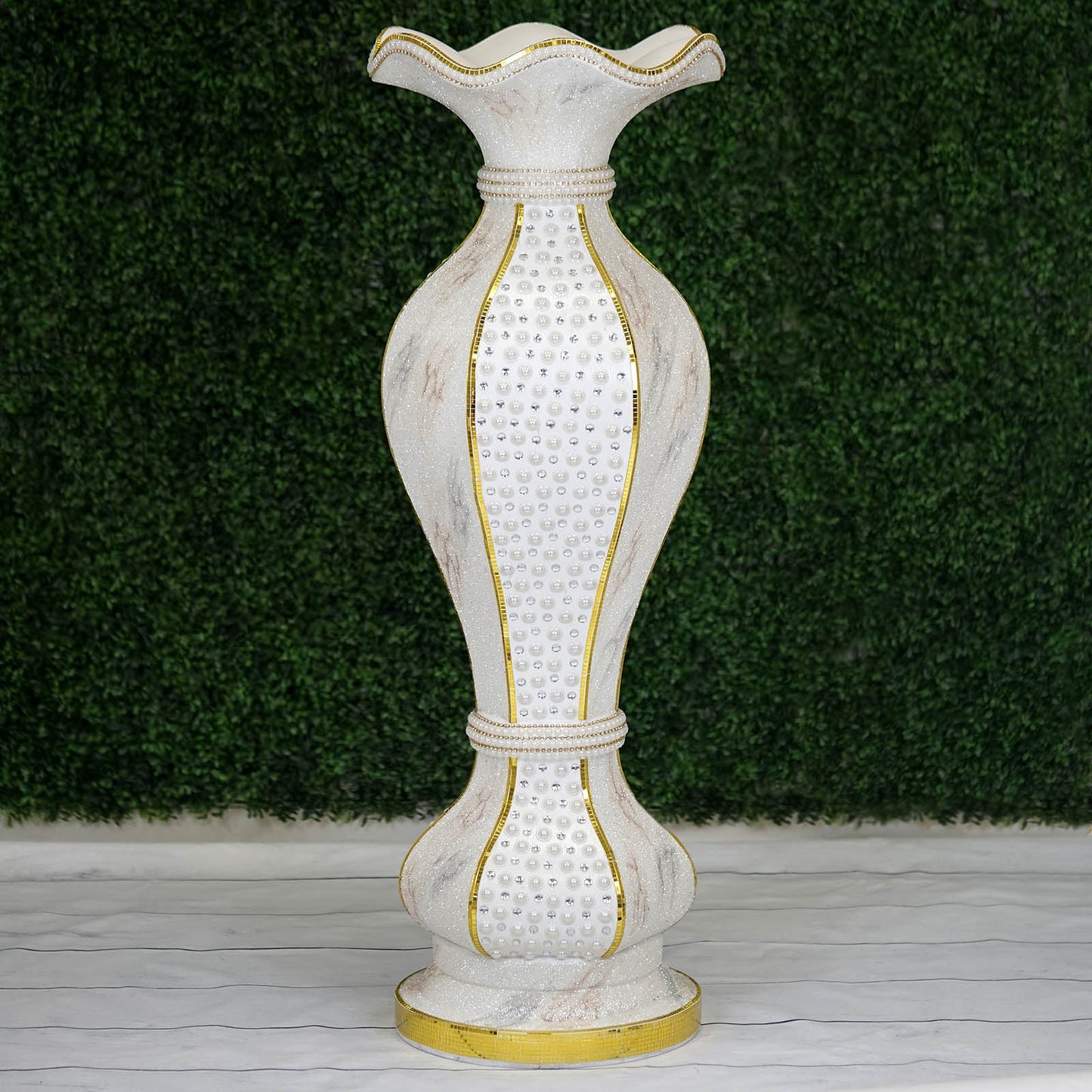 Shimmering gold glittered marble flower pot vase with pearls and mirror mosaic.