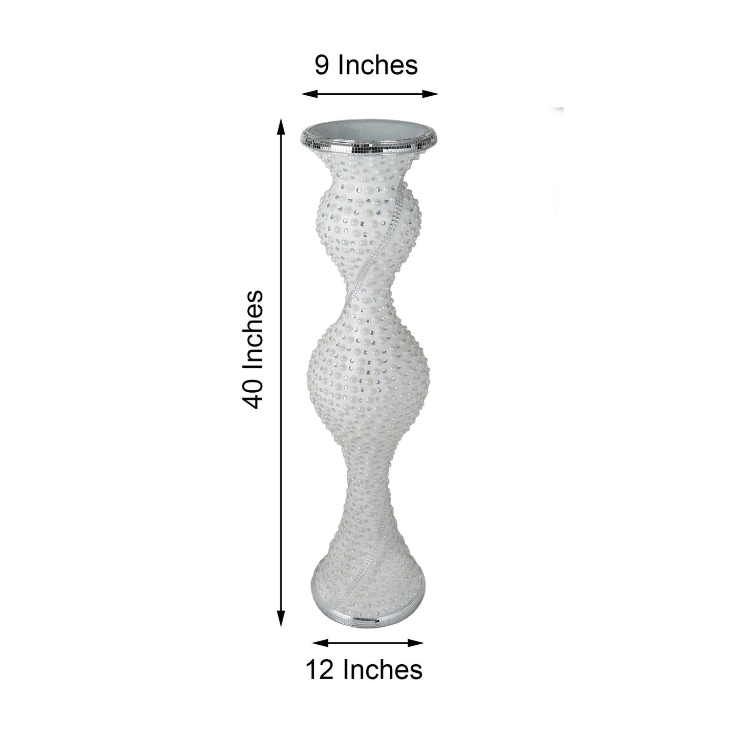 White mermaid style mosaic and pearl studded floor vase, 40 inches tall.