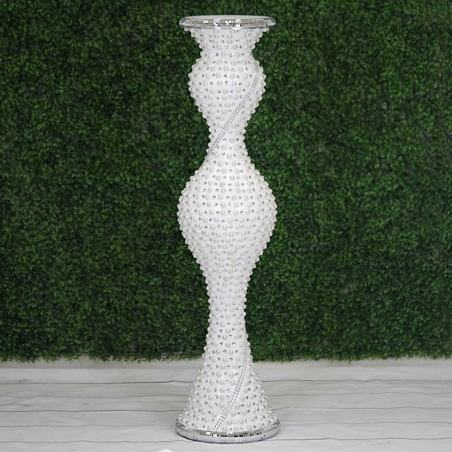 White pearl studded floor vase with mosaic design.
