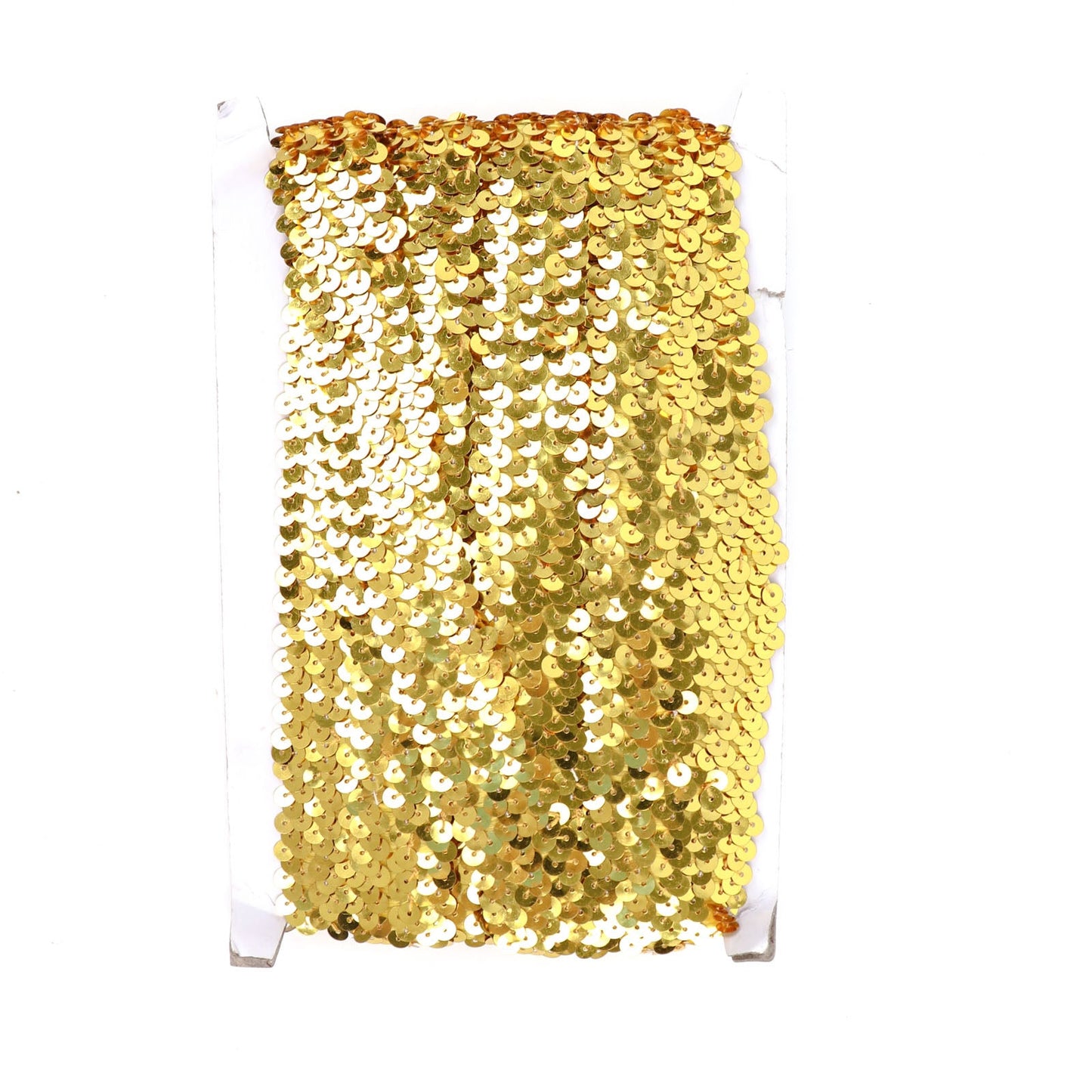 Metallic gold sequin stretch fabric ribbon, shiny glitter craft material.