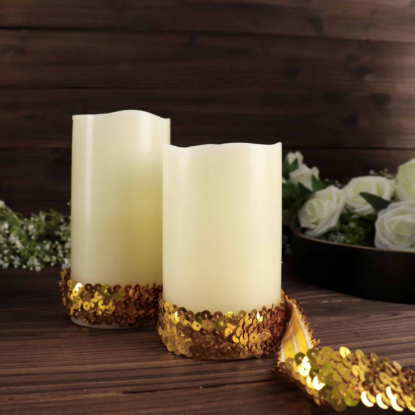 Metallic gold sequin stretch fabric ribbon for crafting and decor.