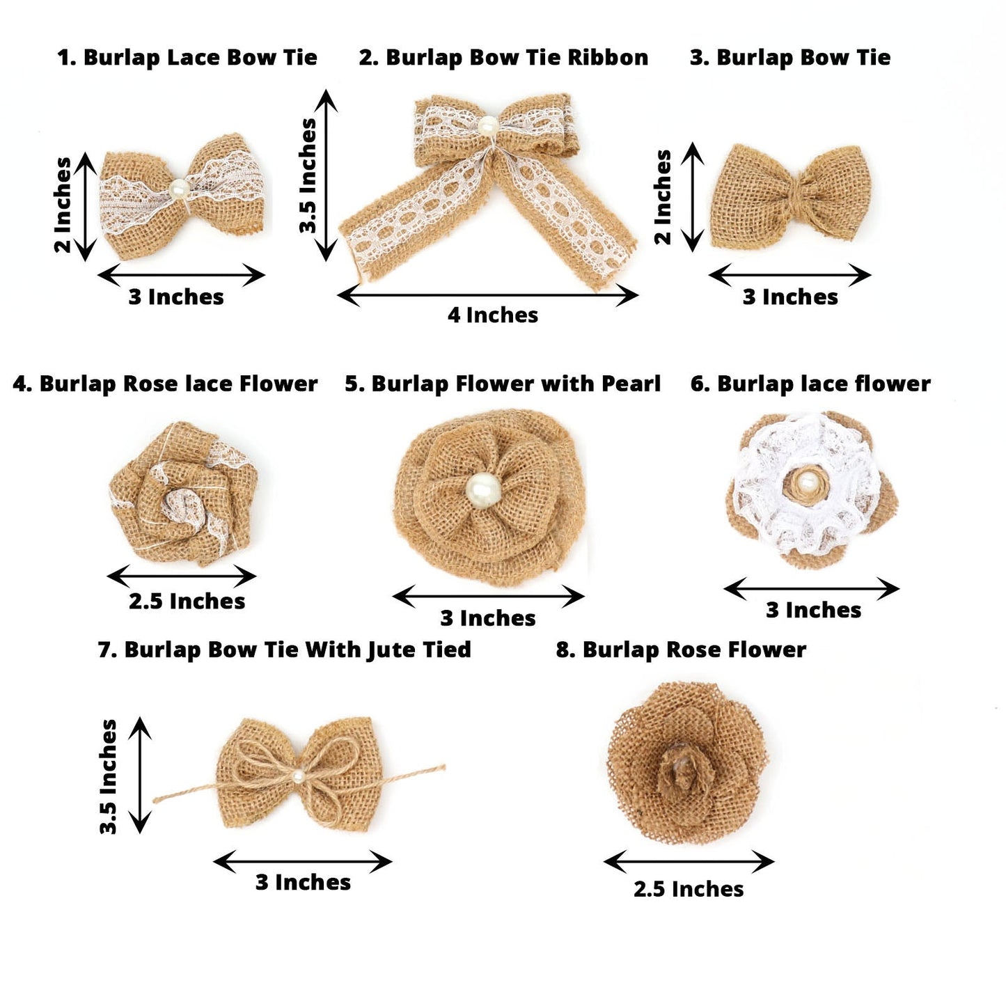Natural burlap flower and bows set with lace ribbon, assorted styles.