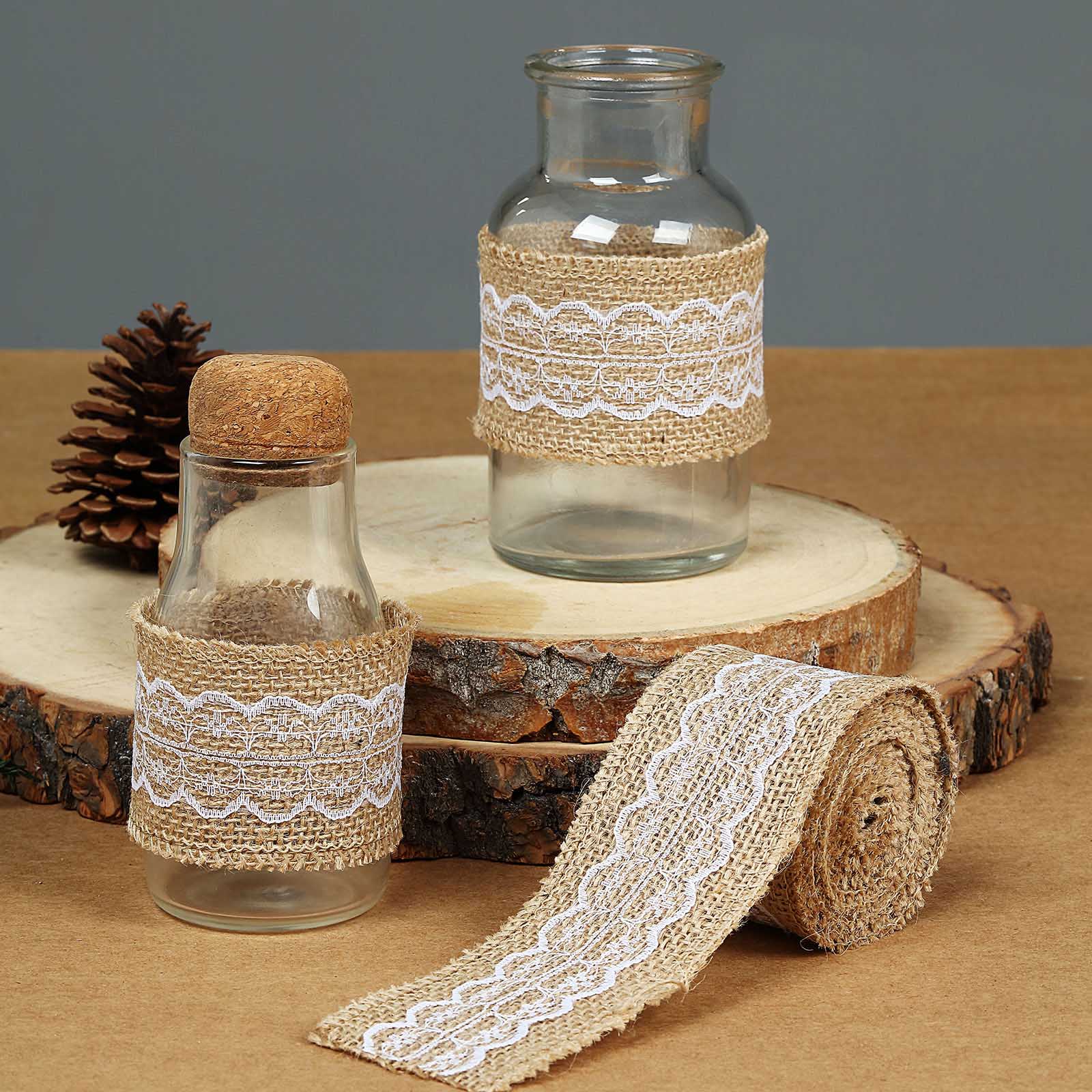 Natural jute burlap ribbon with wavy lace in a rustic setting.