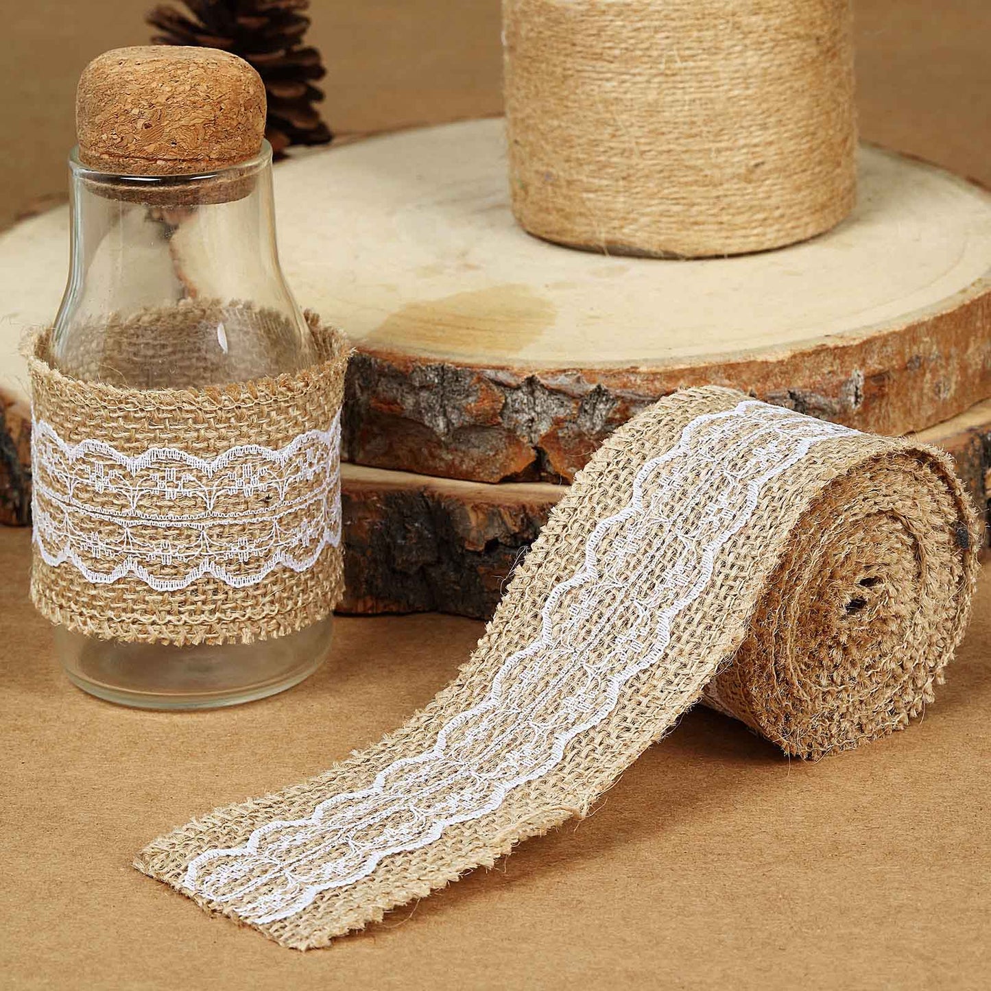 Natural jute burlap ribbon with wavy lace, perfect for crafting and decorating.