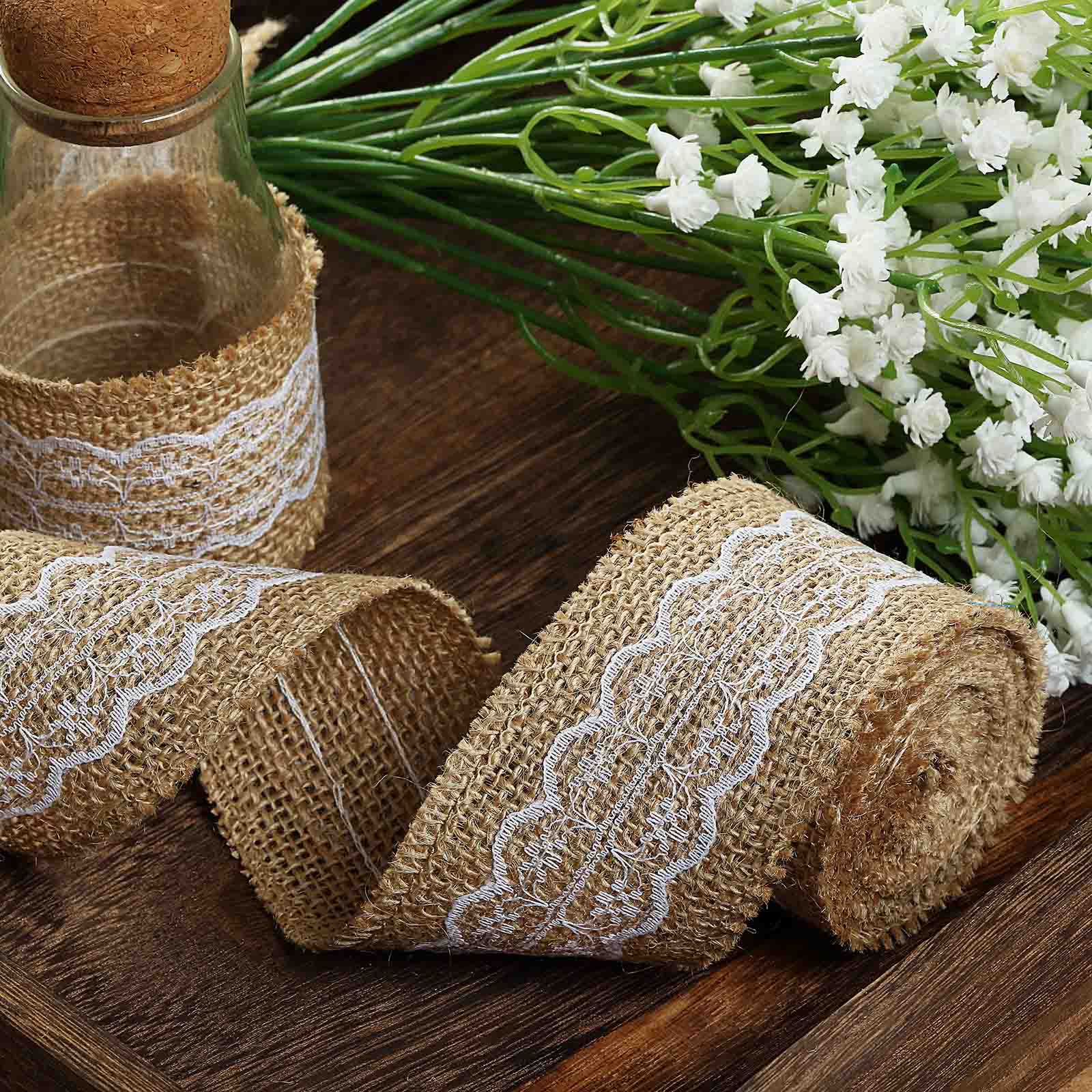 Natural jute burlap ribbon with wavy lace, perfect for crafting and decoration.