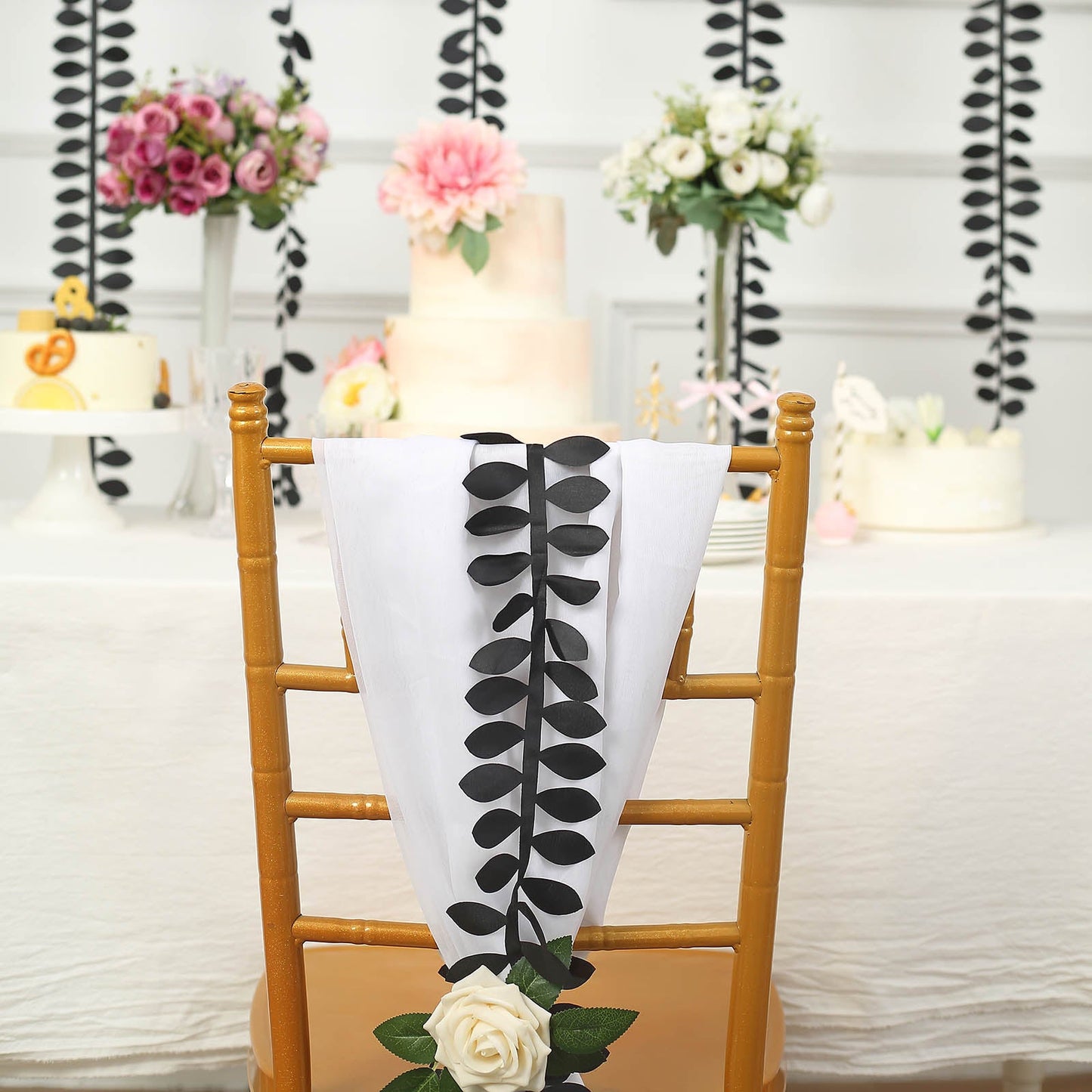 Black leaf petal taffeta ribbon sash for DIY fabric garlands.