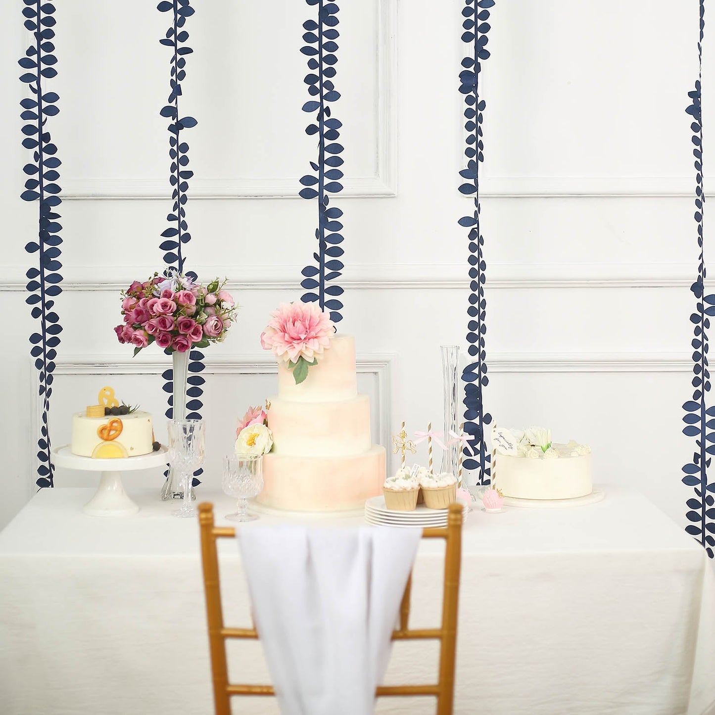 Navy blue leaf petal taffeta ribbon sash garlands for decoration.